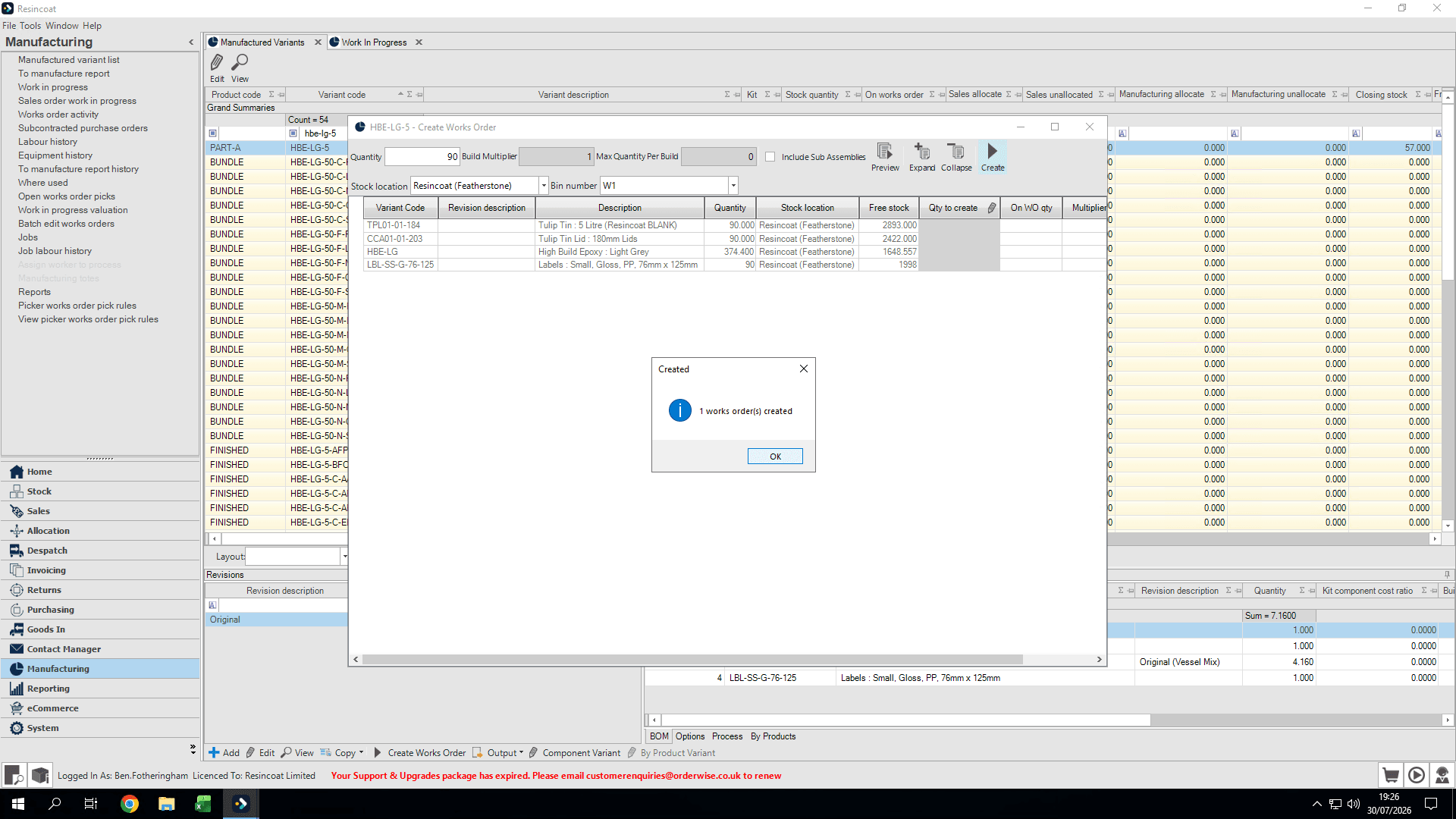 Step #10: Click OK to confirm the works order creation.
