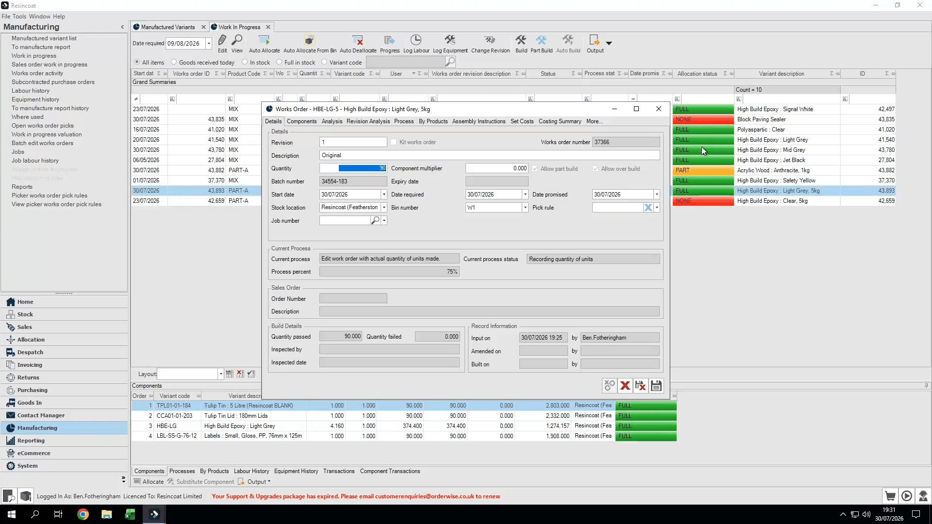 Step #28: Update the original expected quantity to match your actual output (e.g., updating 90 to 85) to automatically de-allocate unused items.