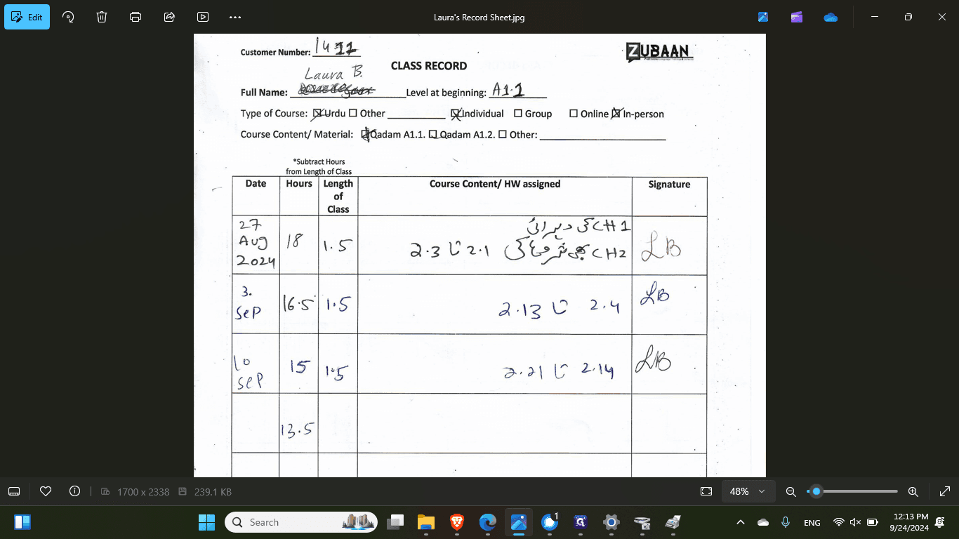 Step #5: Look at the number in the empty spot beneath the last class. Here, it's 13.5. Input that number into the lessons left.