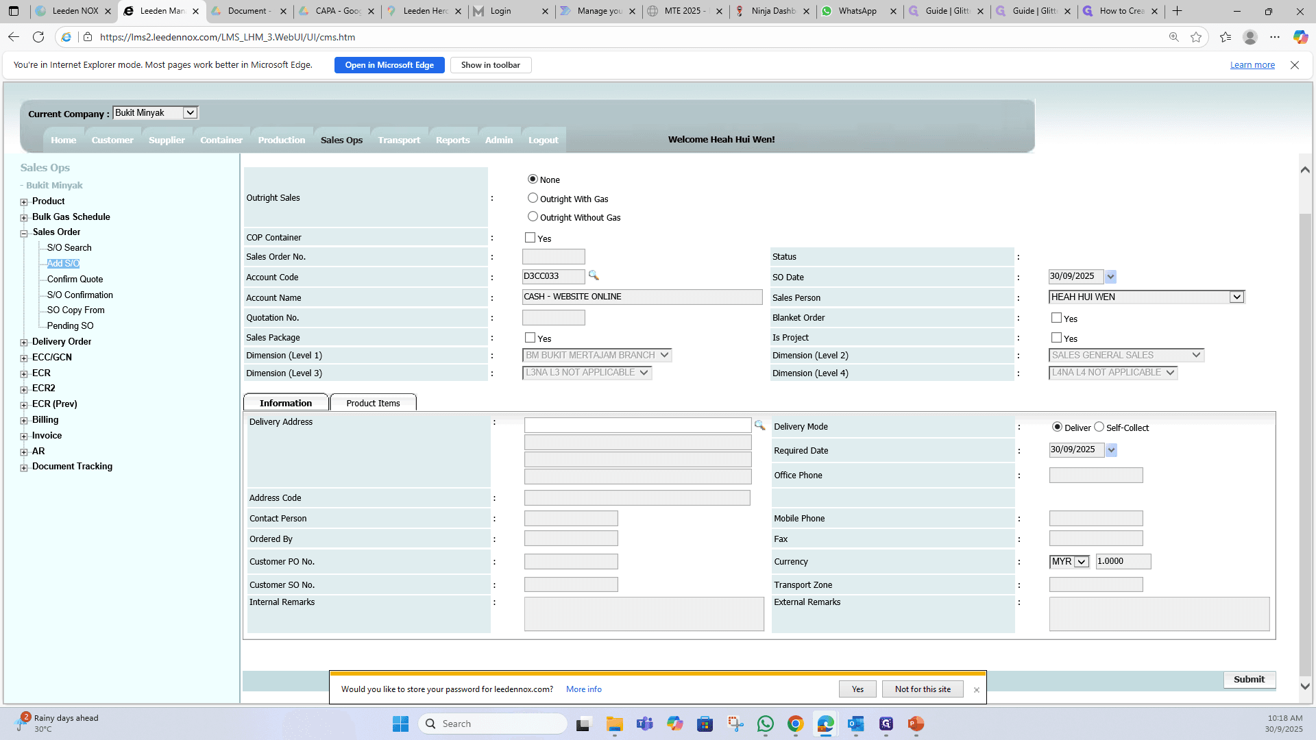 Step #8: Key in customer details in "Information" section (for Address, Contact person & Contact Number).