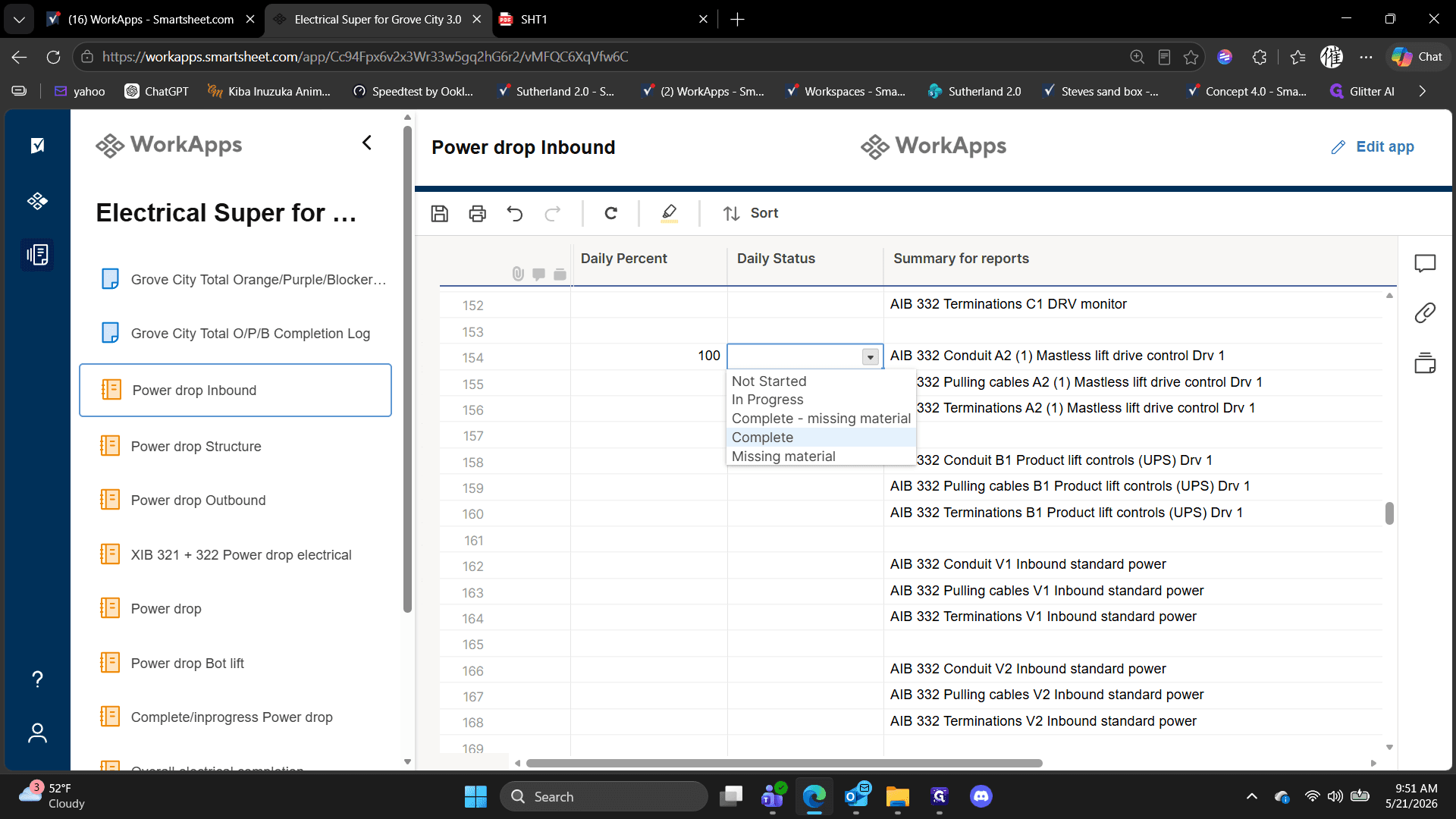 Step #5: Click the corresponding Daily Status dropdown and select the appropriate status, such as Complete - missing material or Complete.