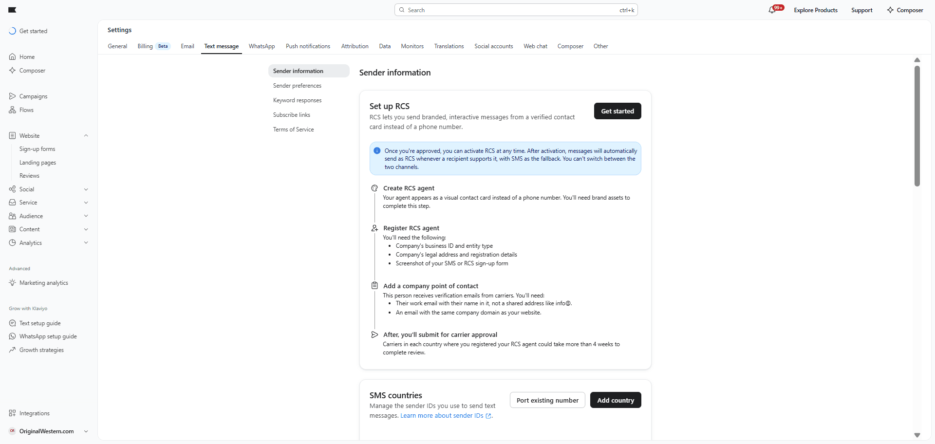 Step #1: Navigate to the SMS Settings section in Klaviyo use link: https://www.klaviyo.com/settings/sms/sender-information