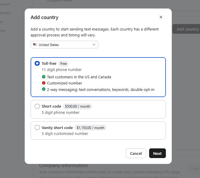 Step #4: In the Add Country modal, select United States, choose Toll-Free Number, and click Next. Then, complete the required business and personal information form.