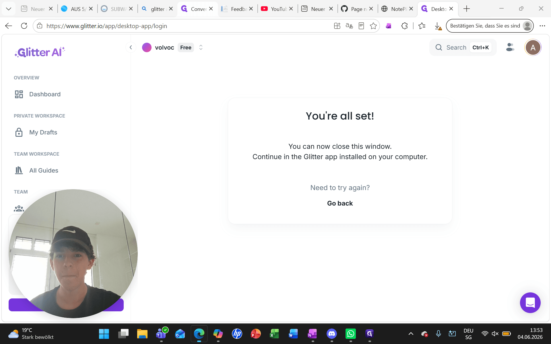 Step #1: Bestätigen Sie den Anmeldebildschirm in Ihrem Browser, um zur App zurückzukehren.