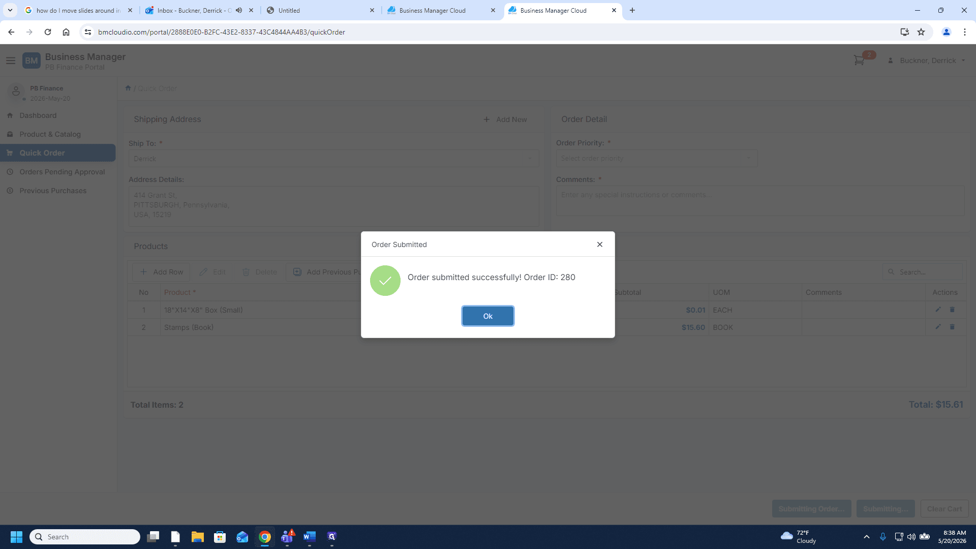 Step #10: Click Ok on the modal to dismiss your successful order confirmation.