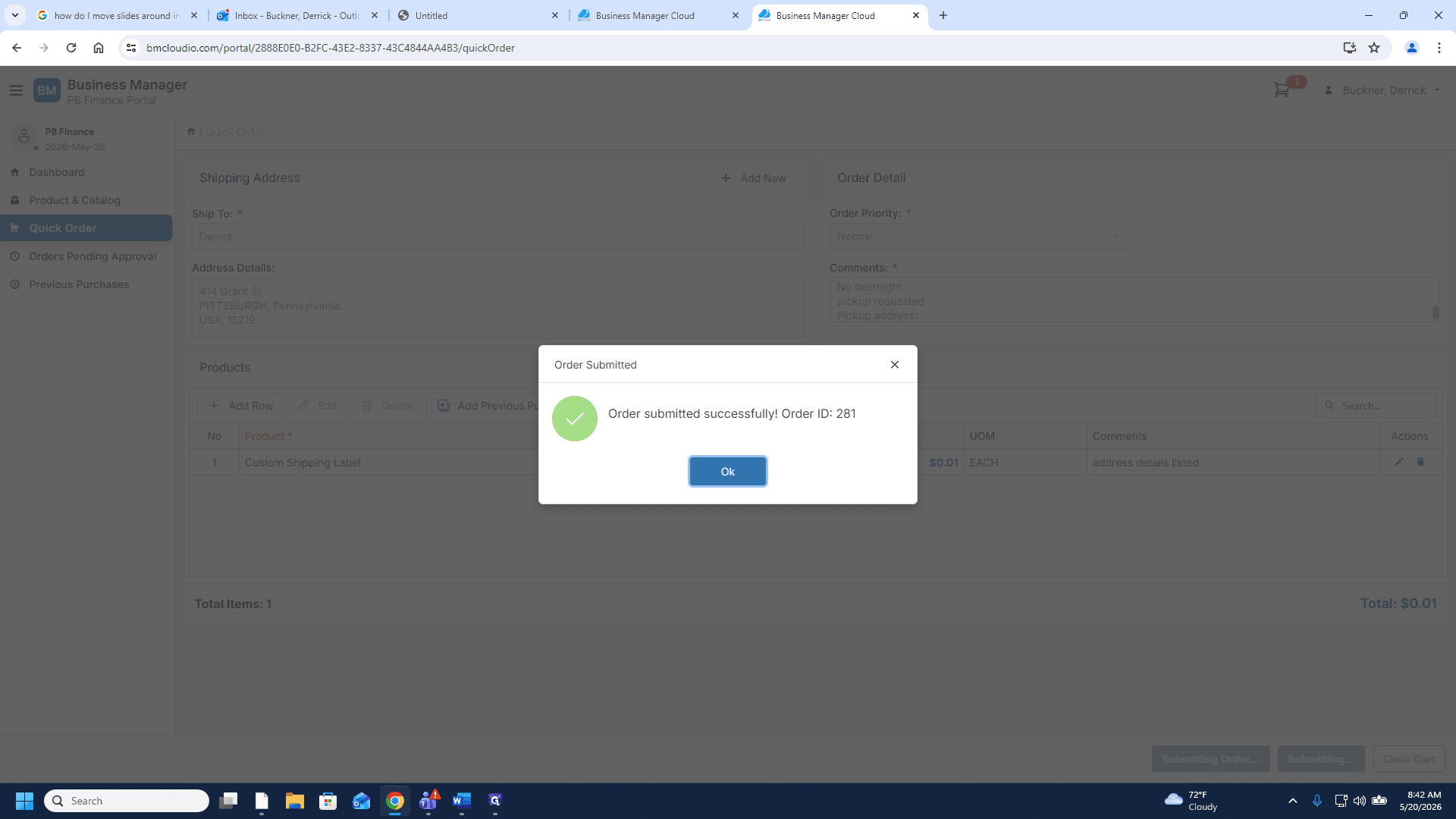 Step #18: Click Ok to dismiss the successful order confirmation.
