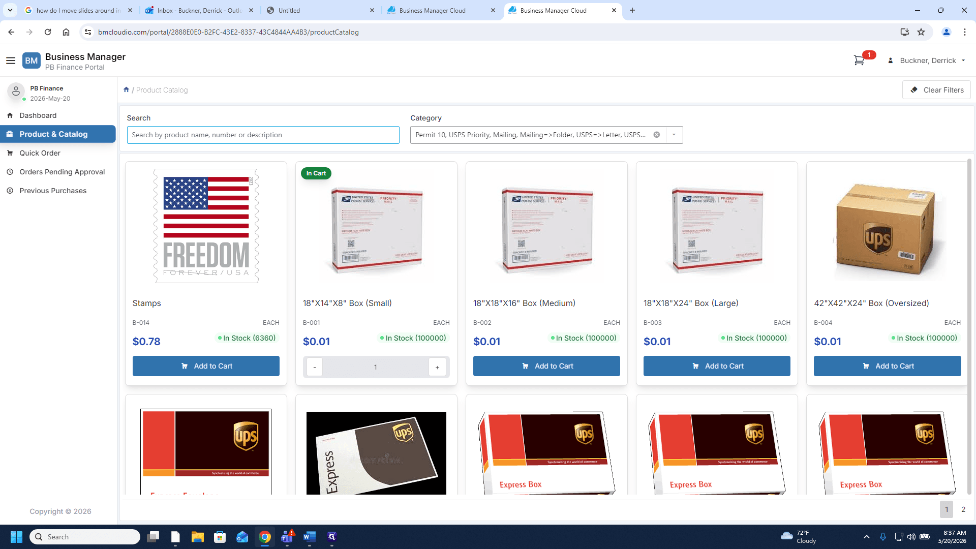 Step #4: Click Add to Cart on standard mailing supplies, such as priority shipping boxes.