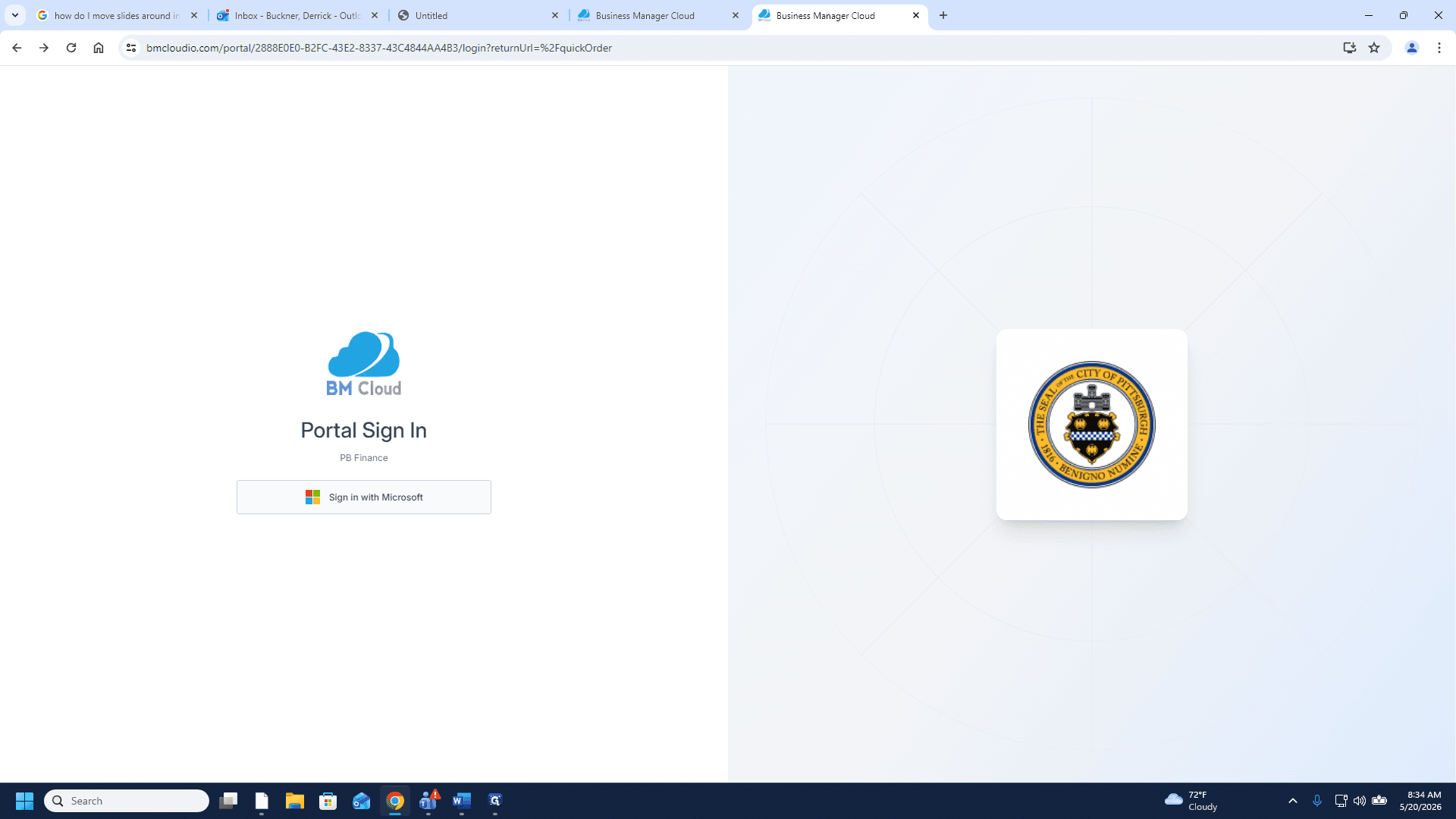 Step #1: Click Sign in with Microsoft on the BM Cloud portal sign-in page.Here is the link to the City wide mailing inventory login