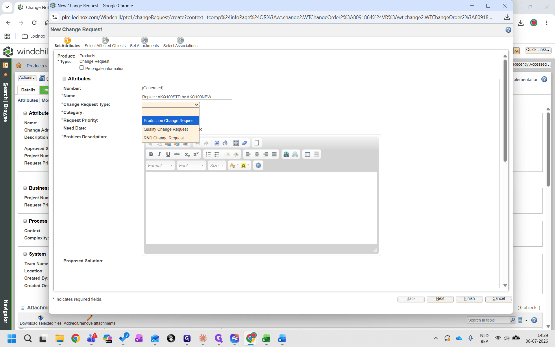 Step #3: Set the change request type from the options above (e.g., Production Change Request).