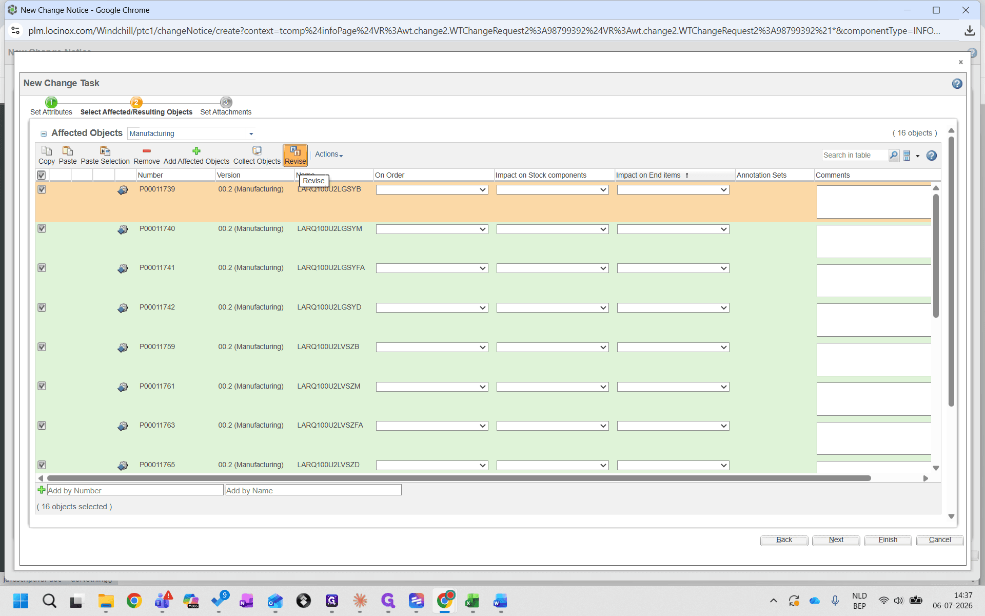 Step #26: Select the objects in your task list and click the Revise button to bump their revisions.