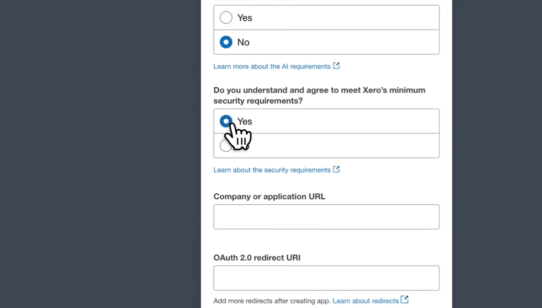 Step #6: Select Yes to agree to Xero's minimum security requirements.