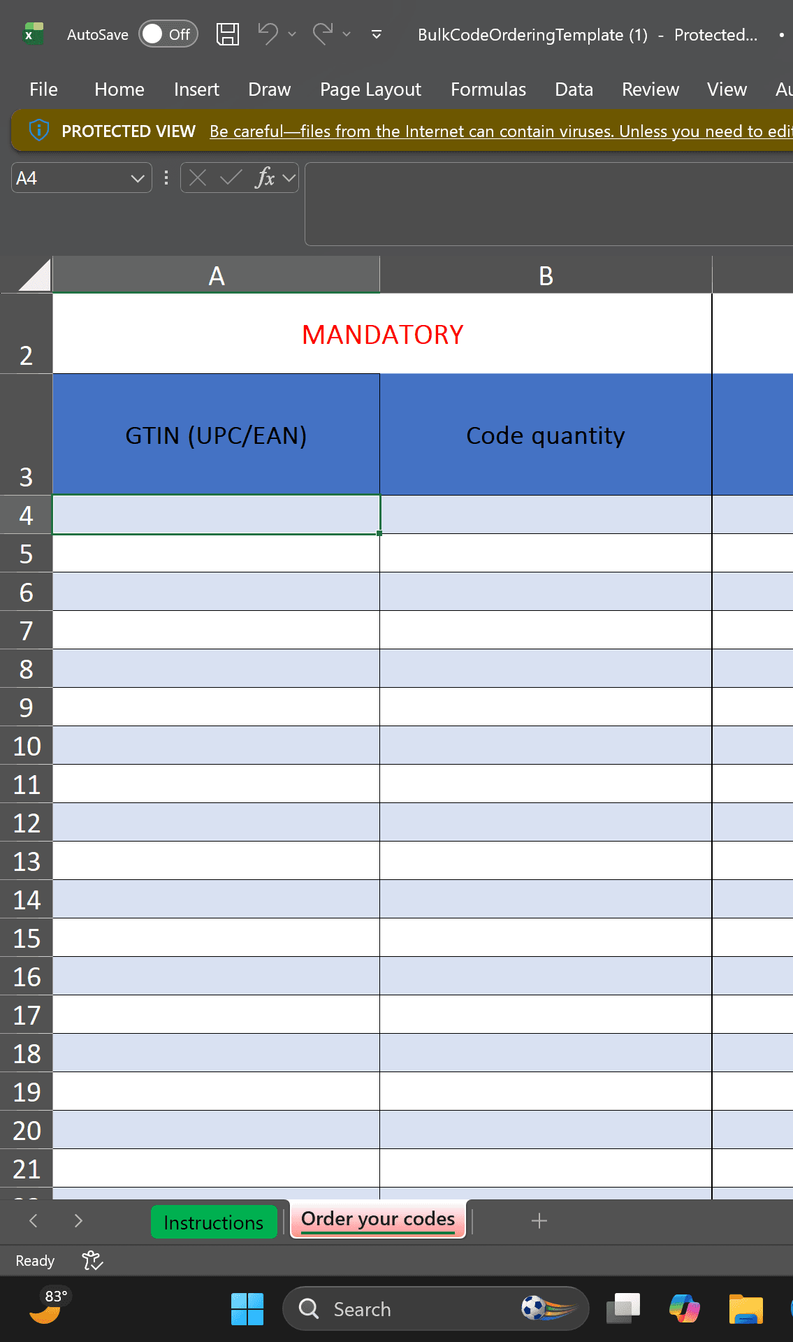 Step #8: Open the bulk ordering template you downloaded earlier, paste your copied GTINs into the required column, and enter the quantity of codes you want to purchase for each.