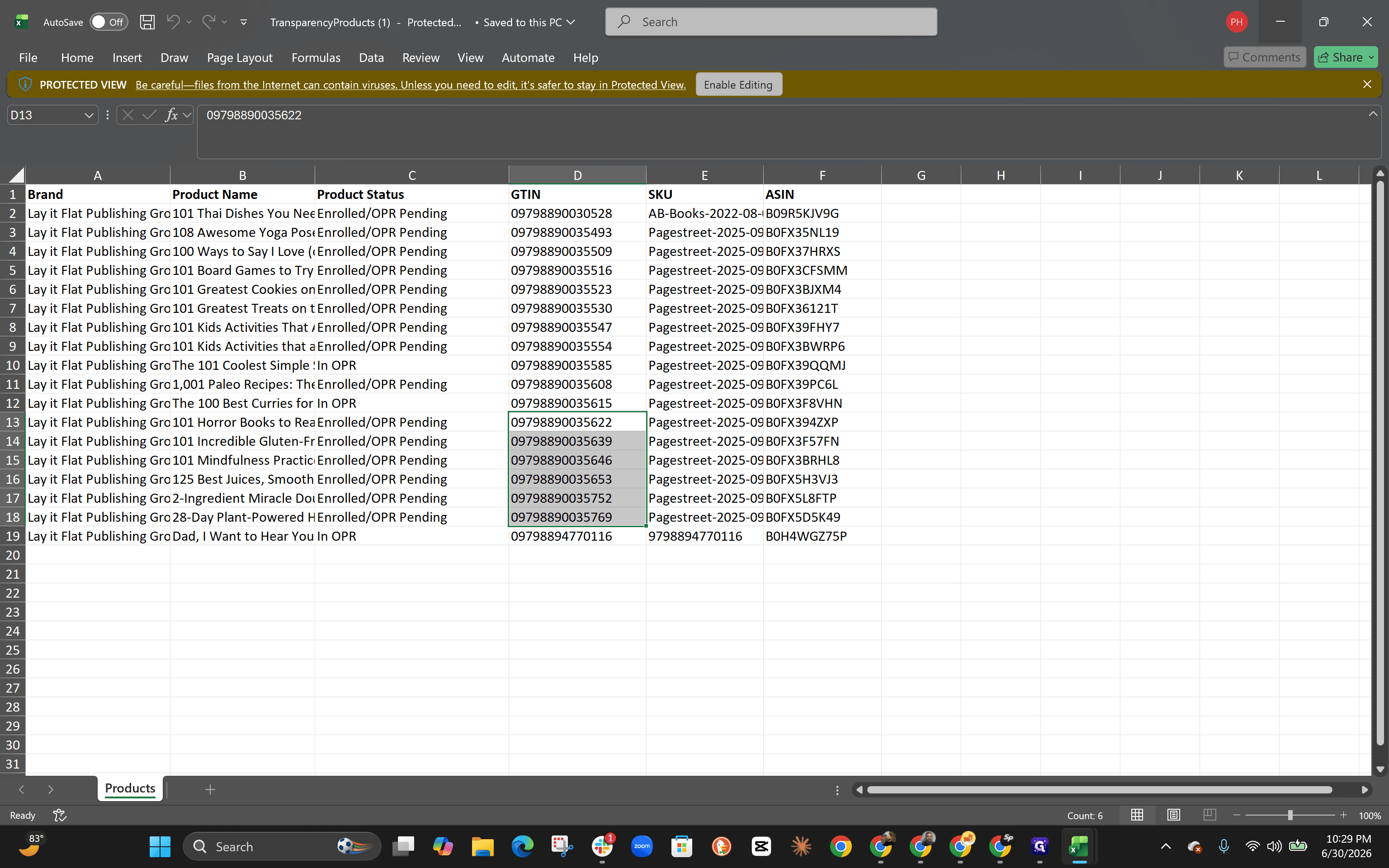 Step #7: Highlight and copy the GTINs for the products that require Transparency codes.