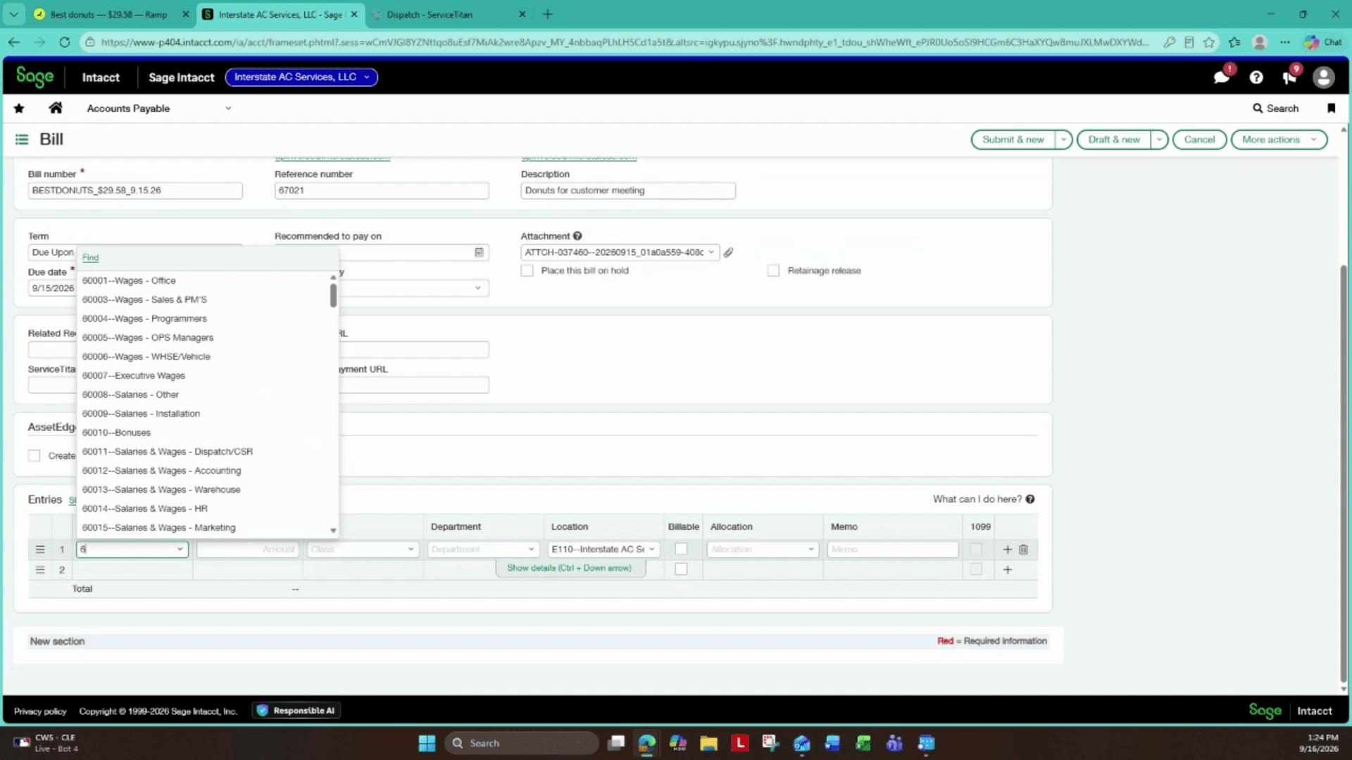 Step #5: Select the general ledger expense account from the Account dropdown list in the line items section.