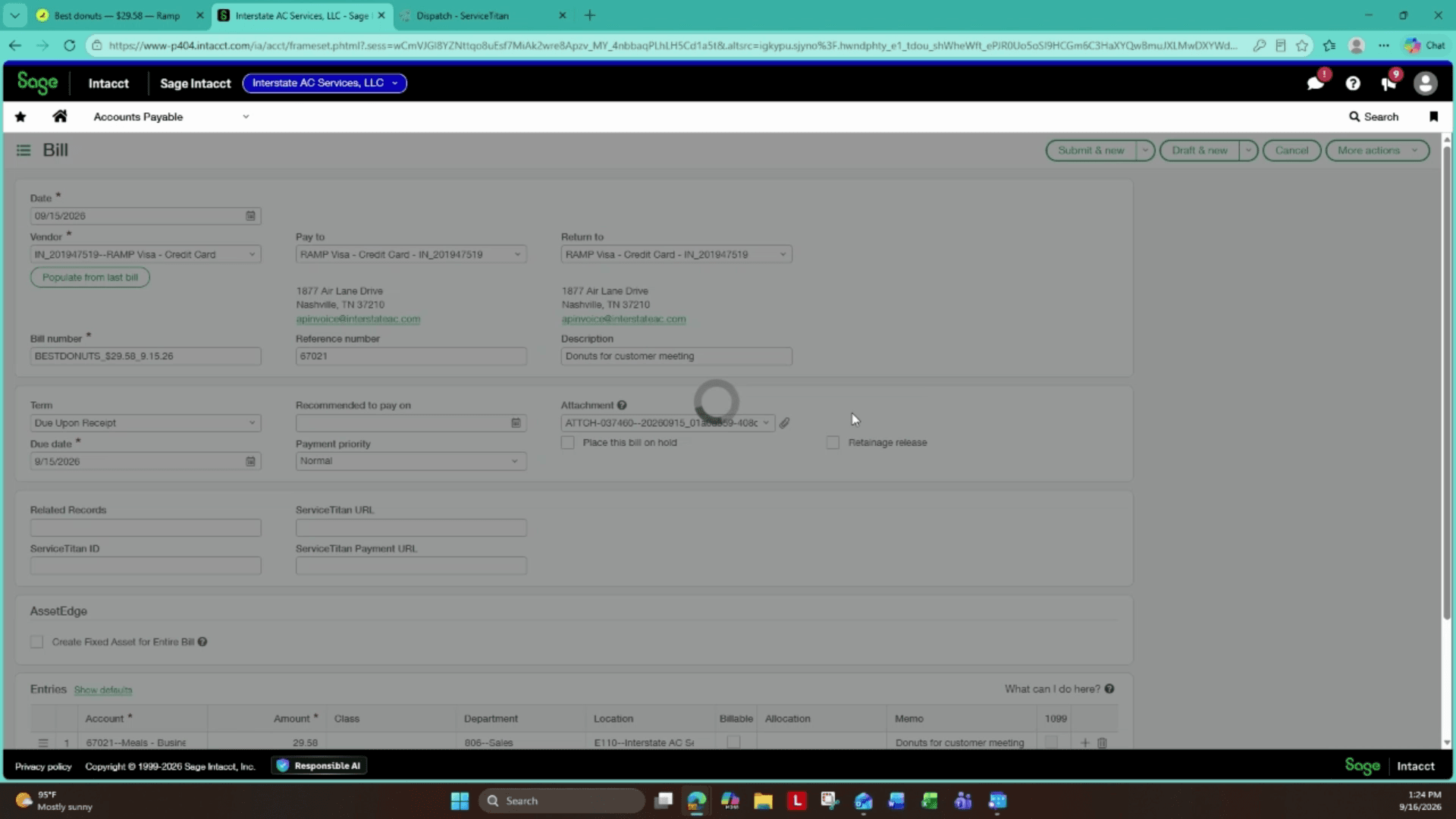 Step #6: Attach and verify the downloaded Ramp receipt file in the Attachment field of the Bill form.