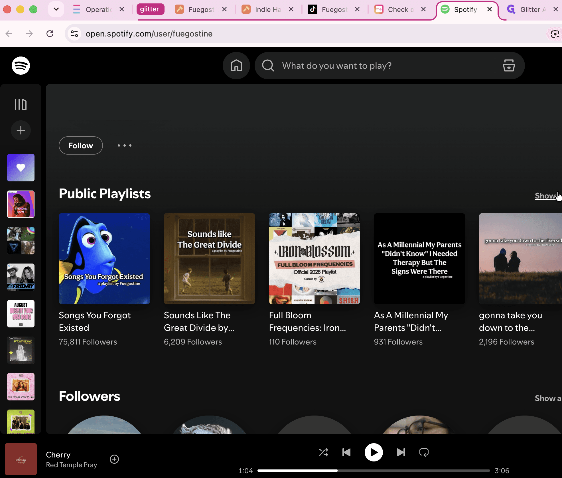 Step #6: Click Show all in the Public Playlists section on Spotify to review their full catalog of active playlists. Check to see if follow counts across playlists are consistent rather than a curator having one viral playlist.