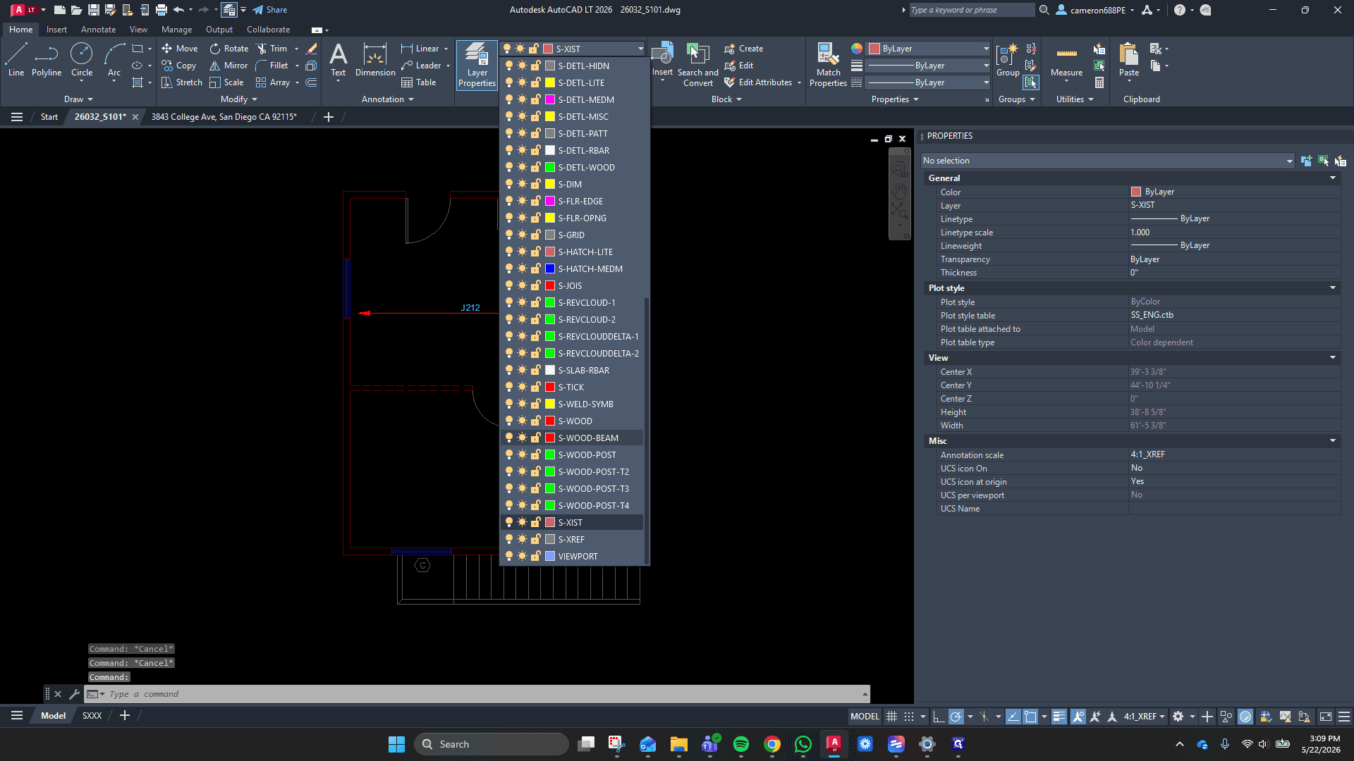 Step #12: Click the Layer dropdown and select S-WOOD-BEAM to make it the active layer.
