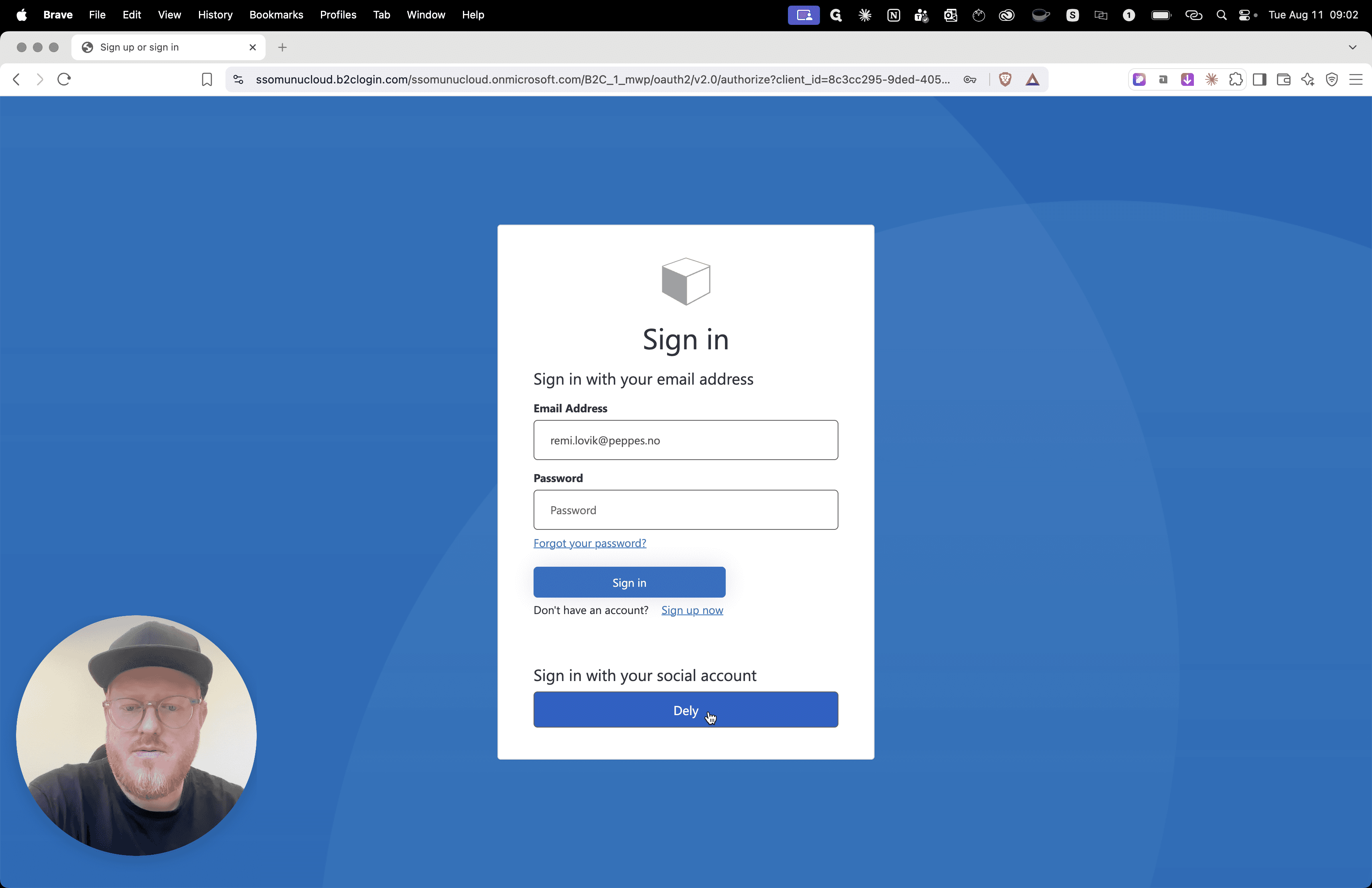 Step #4: Under overskriften "Sign in with your social account", klikk på Dely-knappen.