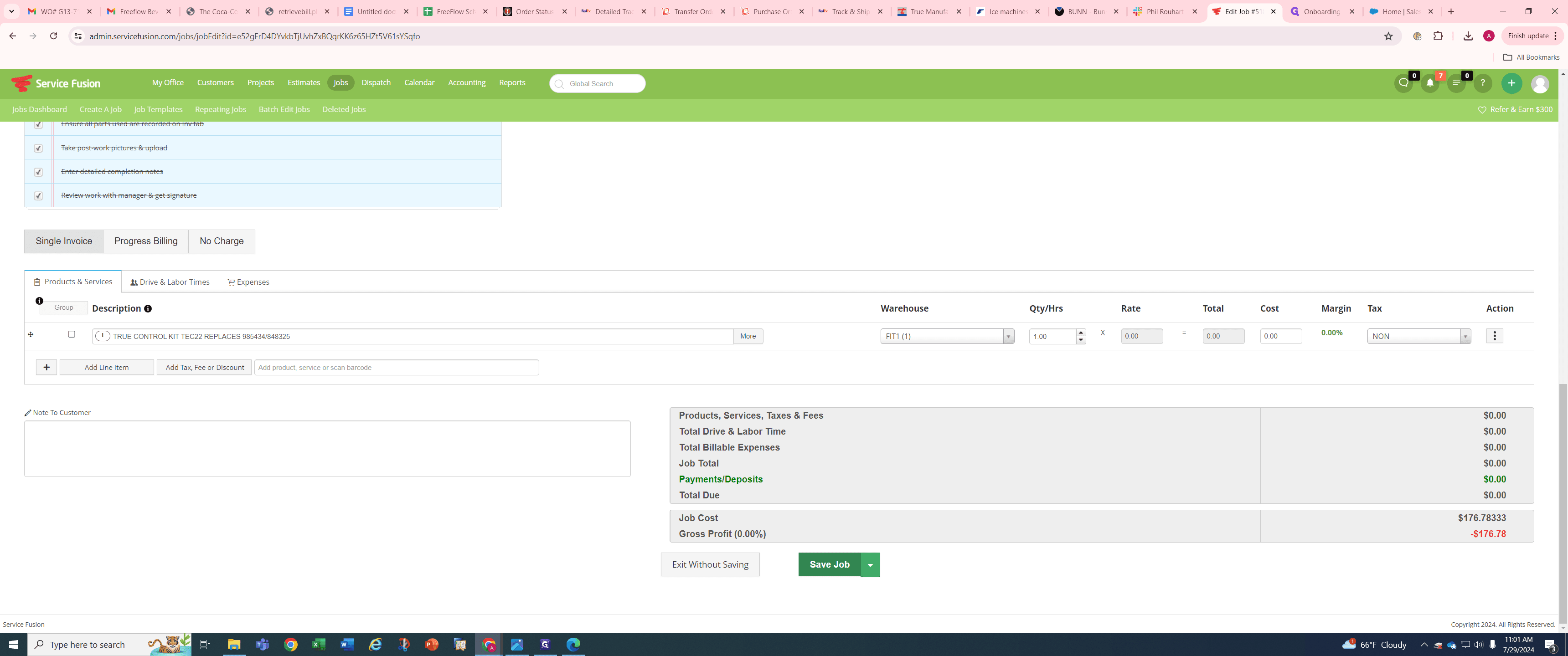 Step #21: Then Click on "Save Job", the job should now show the correct warehouse the part will come out of. - If for some reason the part is not in any warehouse, you will need to create a transfer order to add the part to the warehouse. Make sure that the part is in the van's inventory in Zoho first so it matches up with Service Fusion's account of the part.