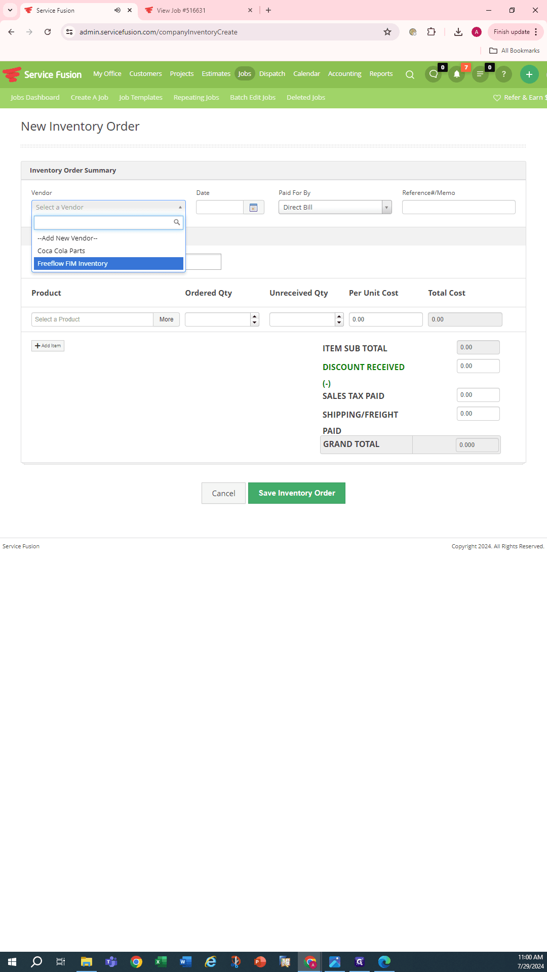 Step #6: Click on "Freeflow FIM Inventory under Vendor" - Only FIM, do not use Coca-Cola Parts