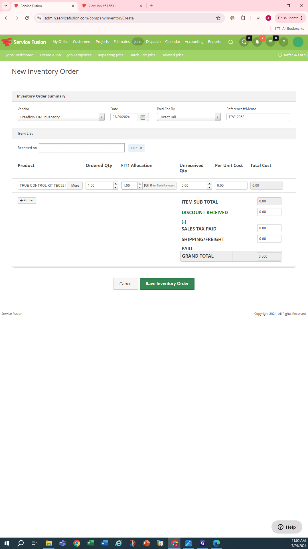 Step #17: Check to make sure Unreceived amount says zero (0) and then click the "Save Inventory Order" The parts will be added to that Warehouse's Inventory and be available for a call