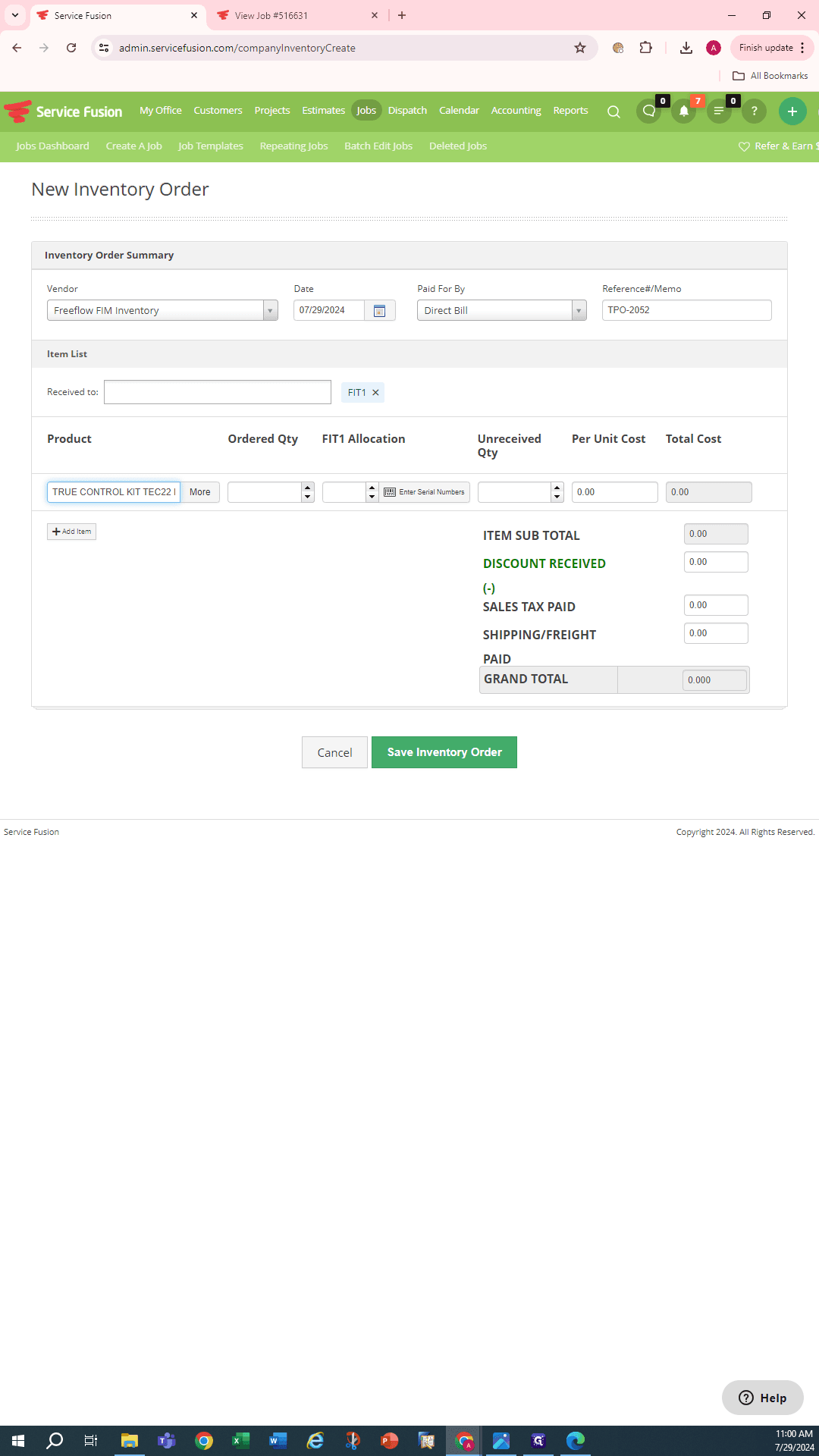 Step #15: Add Quantity of part needed under Ordered Qty