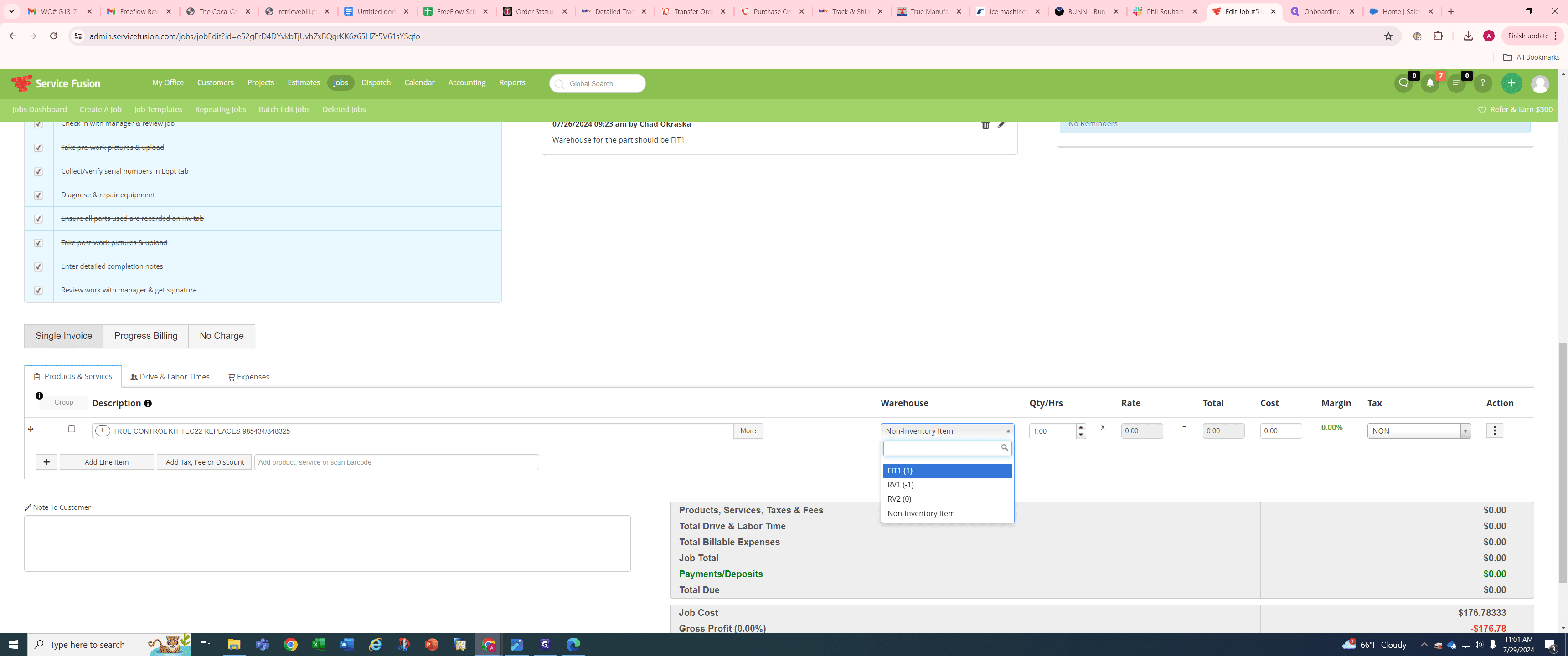 Step #20: Check to see if the van/warehouse assigned has the part(s) needed as sometimes the tech is assigned a different warehouse and the parts are not on the original van, but the new van the tech used that day. If the part is there, click the appropriate warehouse.