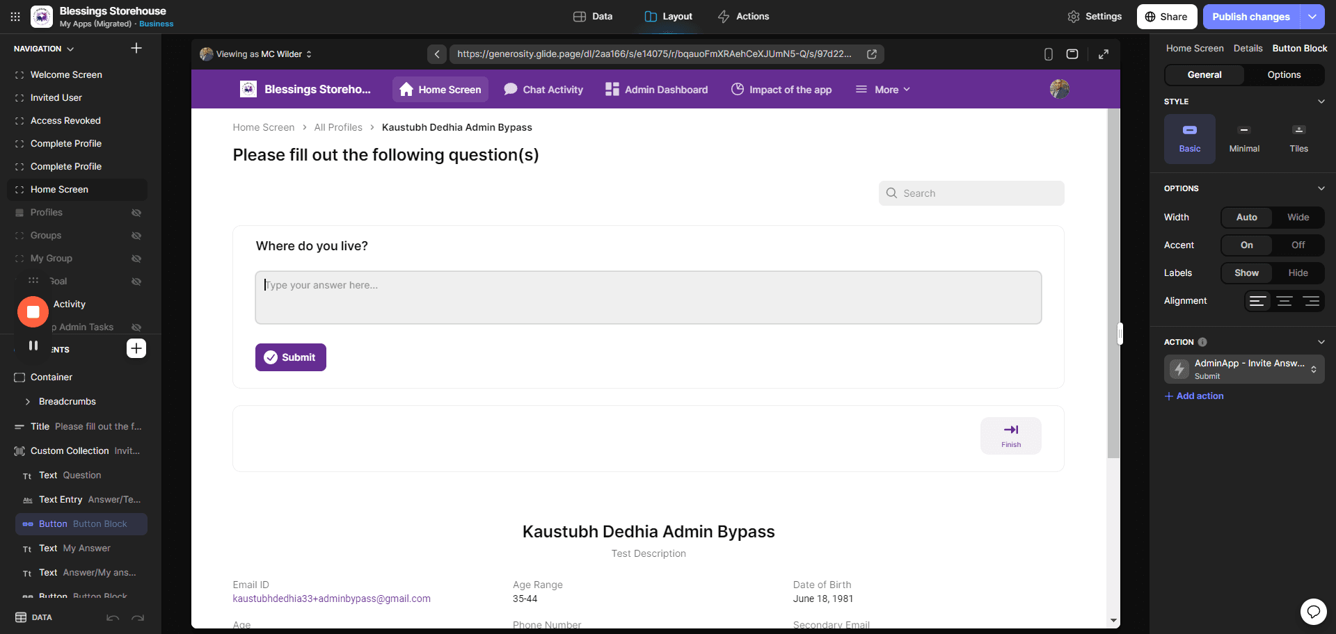 Step #6: User profile opens and Admin can answer the "App invite questions"