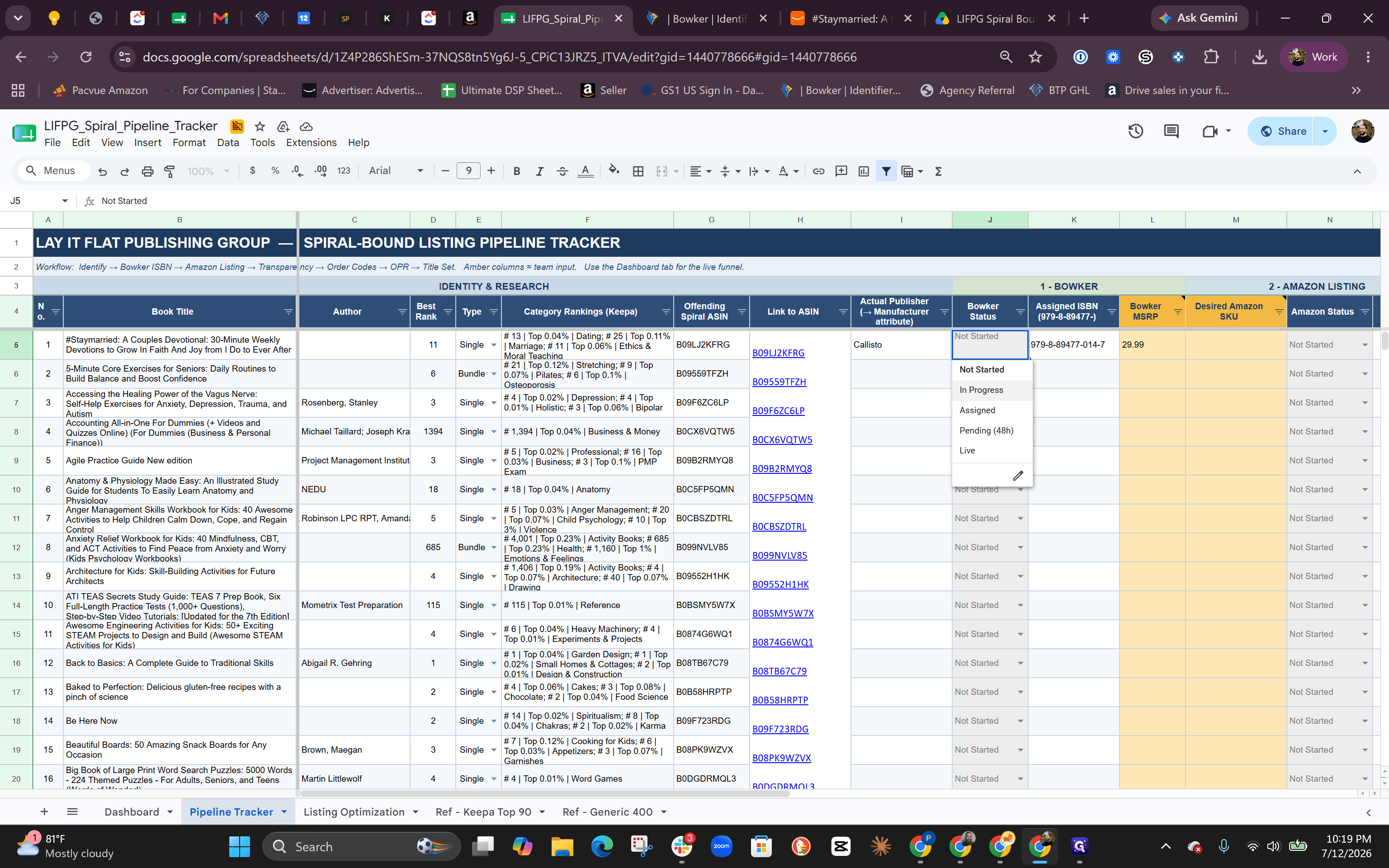 Step #18: Click the dropdown menu in the Bowker Status column and select In Progress.