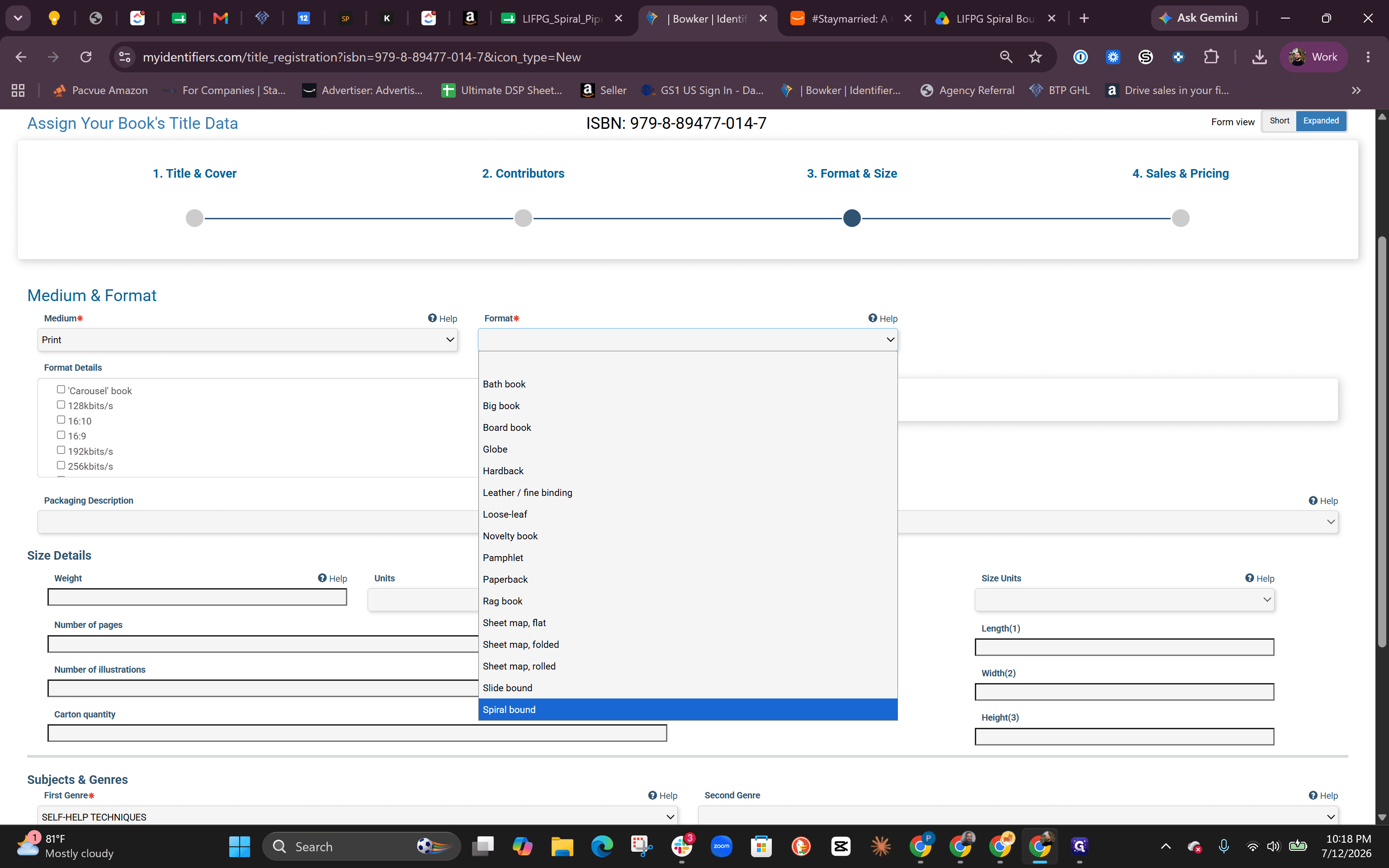 Step #13: Select Spiral bound from the Format dropdown menu.