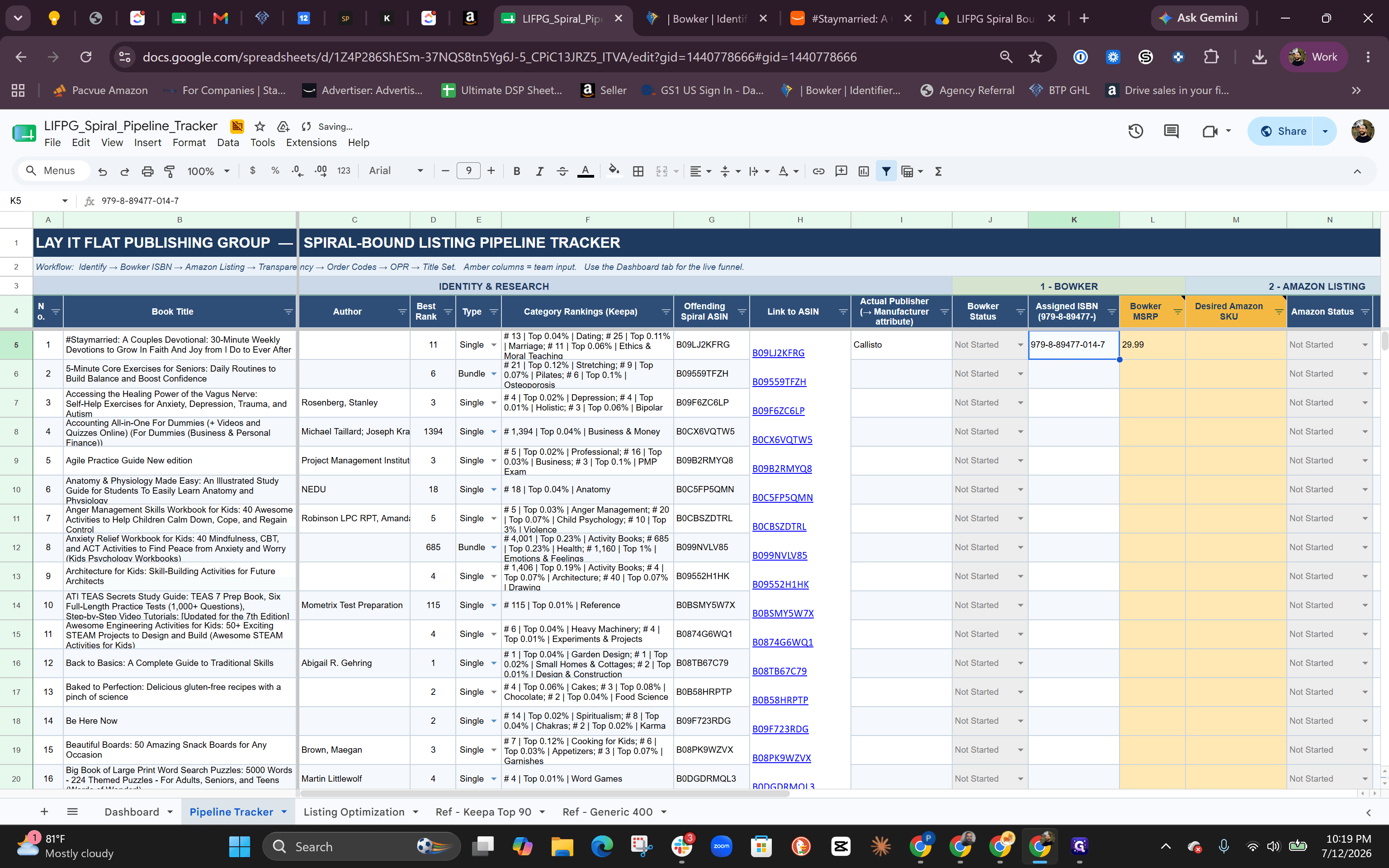 Step #16: Return to the pipeline tracker spreadsheet and double-click the corresponding cell in the Assigned ISBN column.