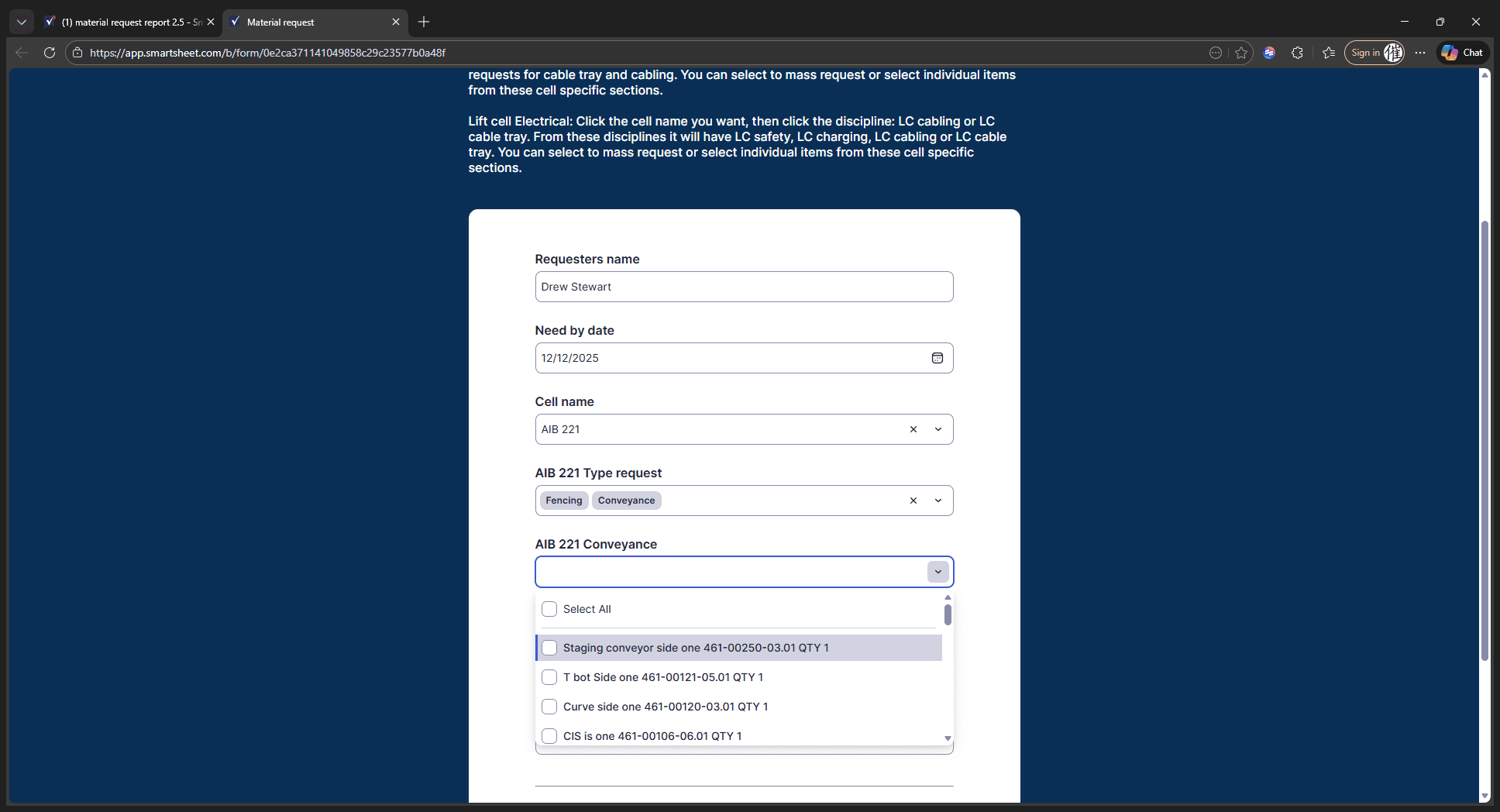 Step #12: Click on "Staging conveyor side one 461-00250-03.01 QTY 1"