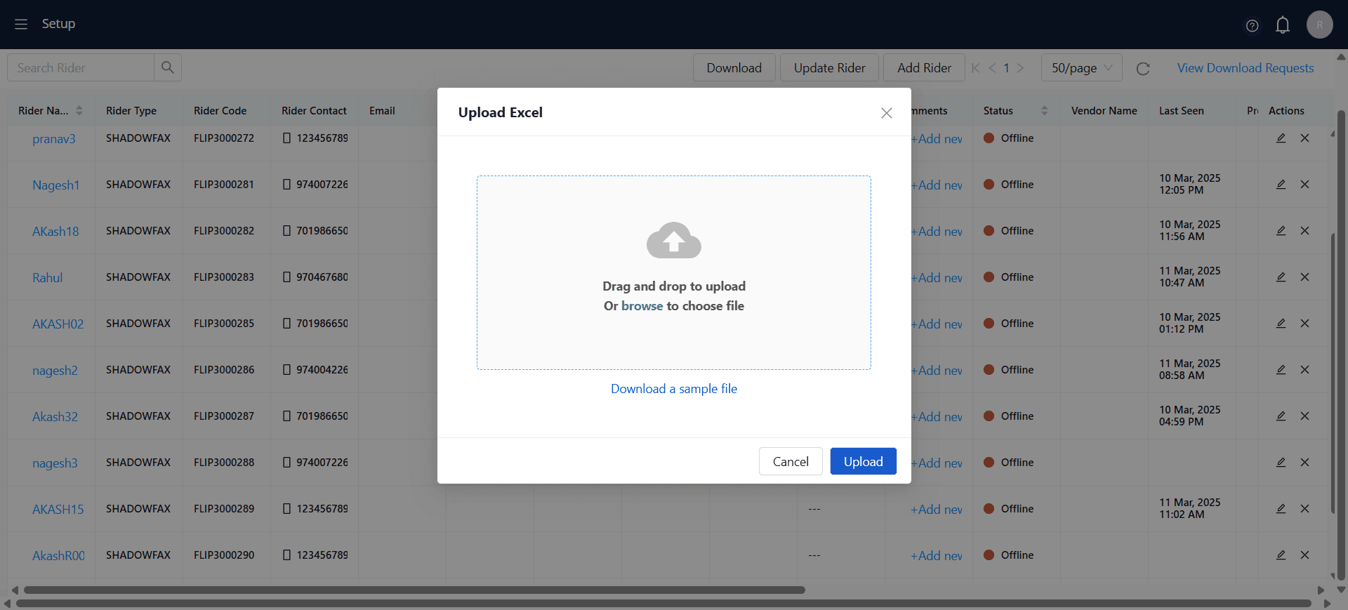 Step #5: file upload interface in an application built .The interface is prompting the user to upload an Excel file, likely to update rider details or some related data.