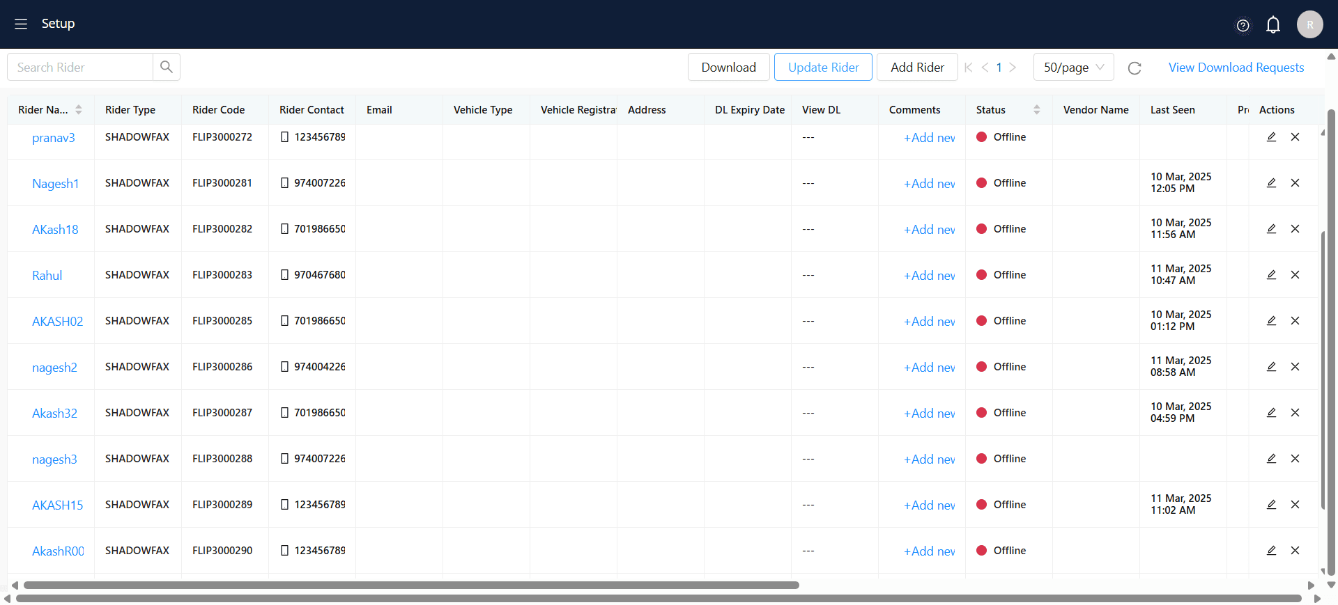 Step #2: This screen shows a Rider Management System interface where administrators can manage delivery riders. It provides options to download rider data, update rider information, and add new riders. The data table displays key rider details such as vehicle registration, address, driving license expiry date, comments, status, and vendor name.