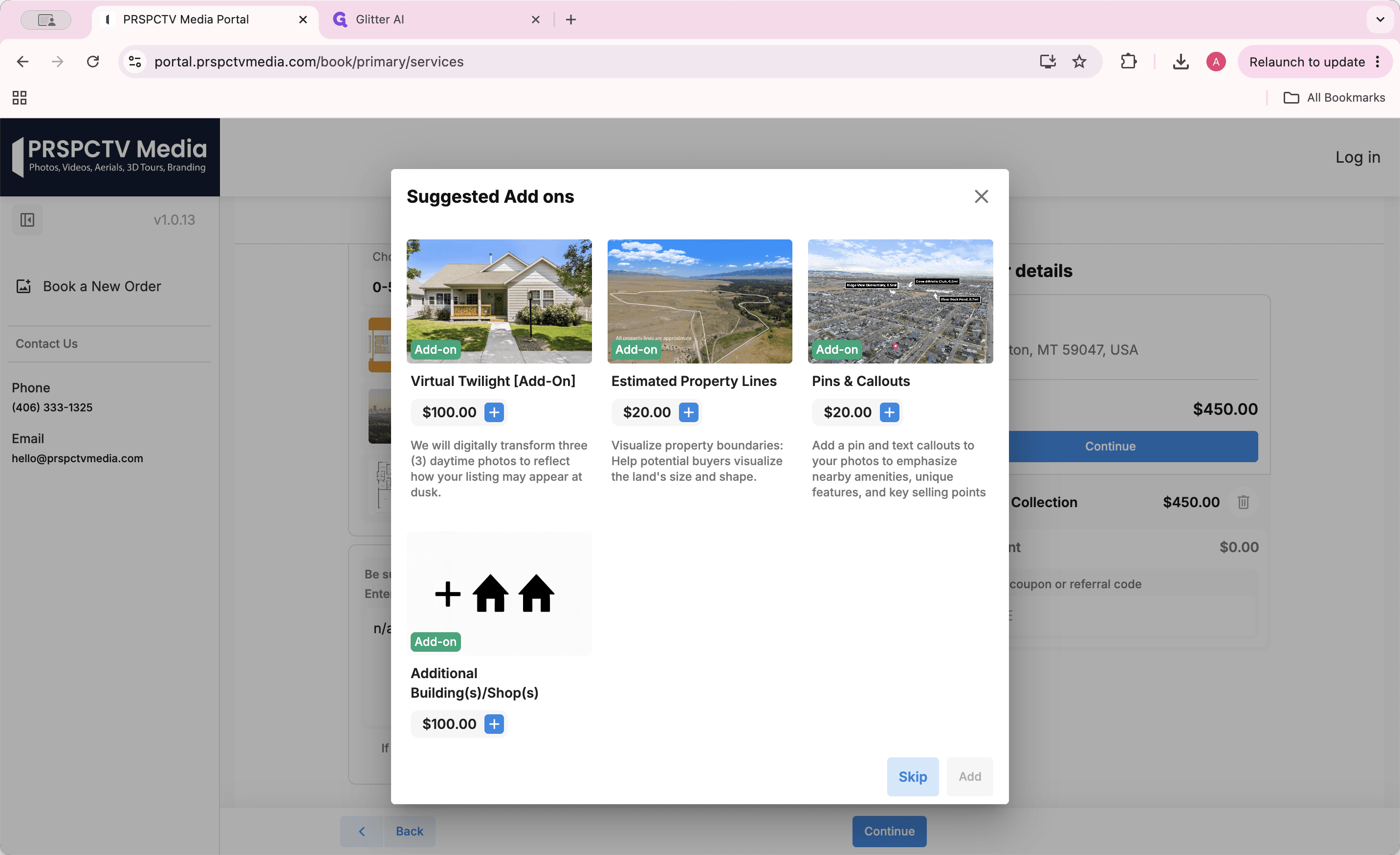 Step #6: Review suggested add-ons like Virtual Twilight or Estimated Property Lines, click the plus icon to add them, or click Skip.