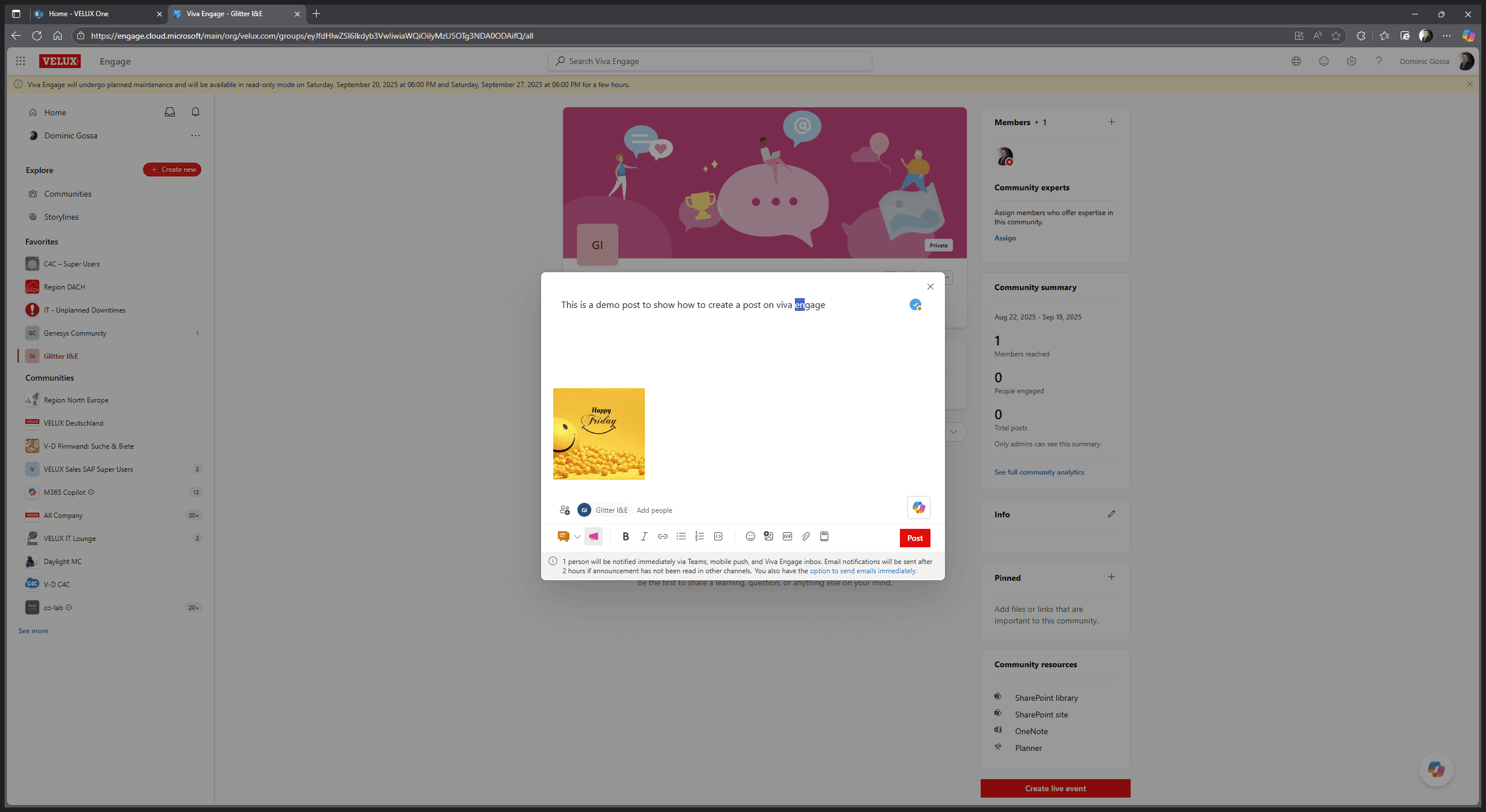 Step #7: Drag "a demo post to show how to create a post on viva engage"