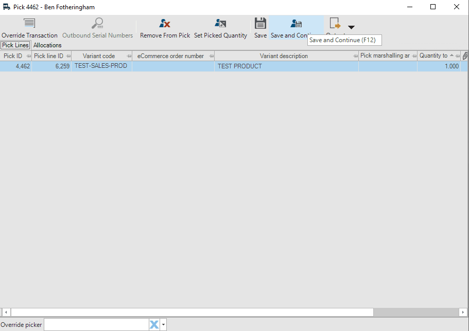 Step #19: Packer packs the order, which is displayed on screen as a check, before saving and continuing.