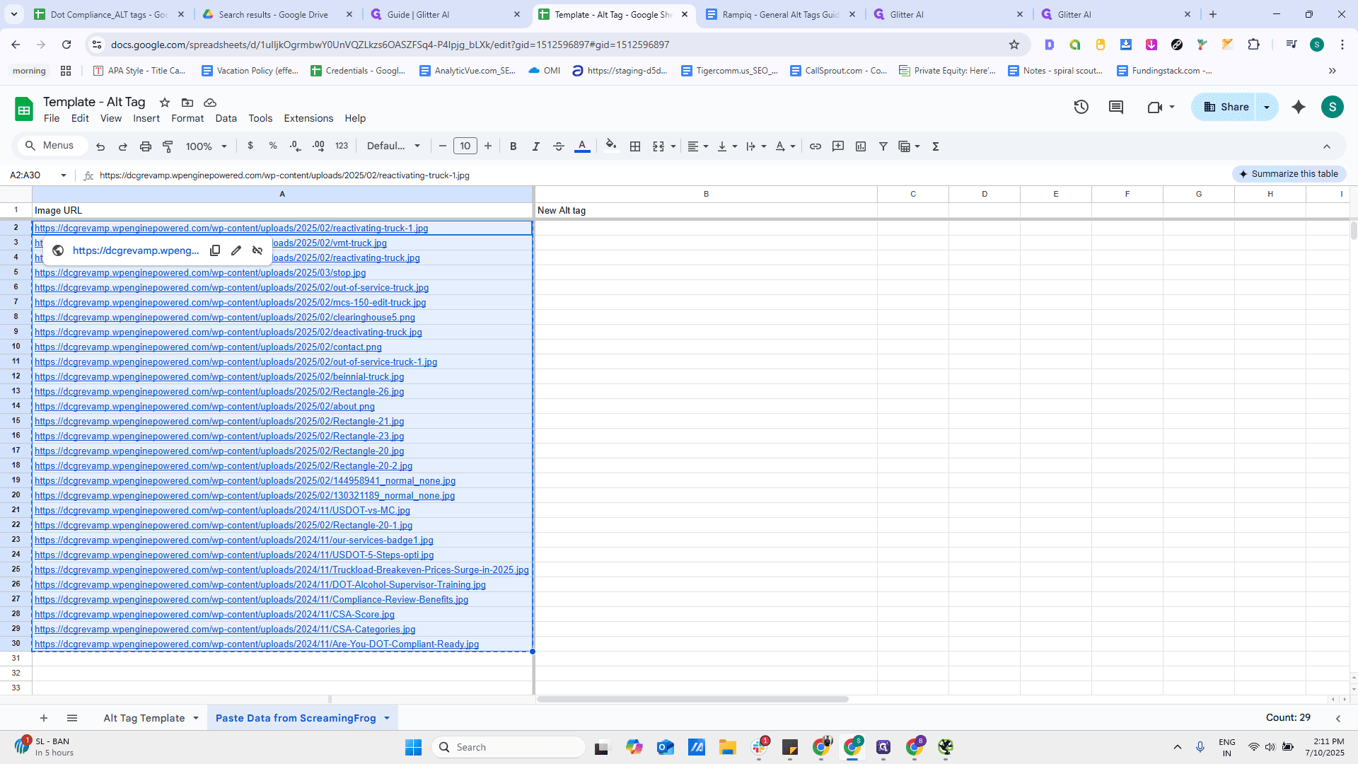 Step #40: Paste URL in sheet in tab "Paste Data from ScreamingFrog"