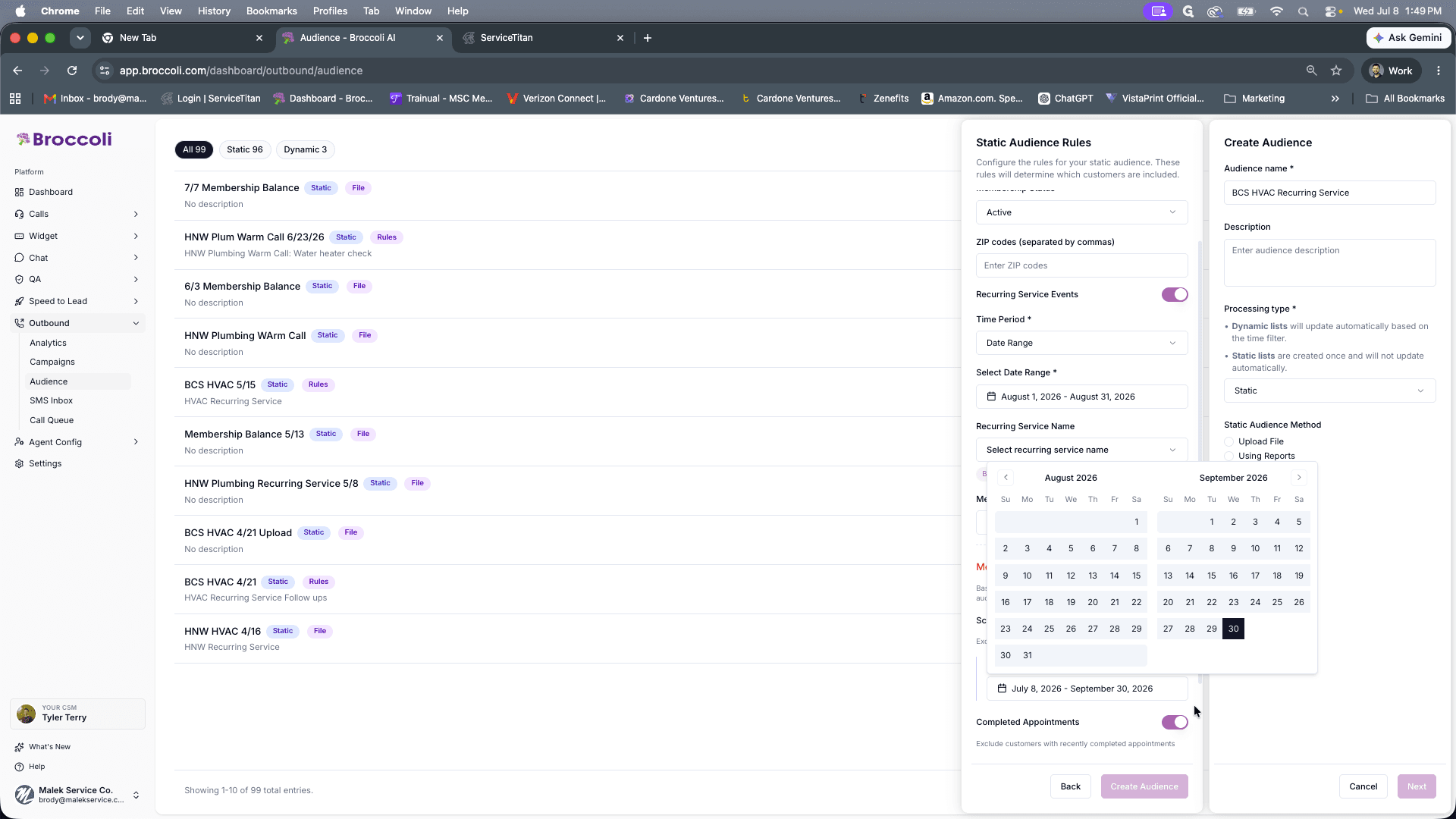 Step #13: Set the scheduled appointments date range to cover your target and upcoming months (e.g., August to September) so you avoid contacting customers already booked.