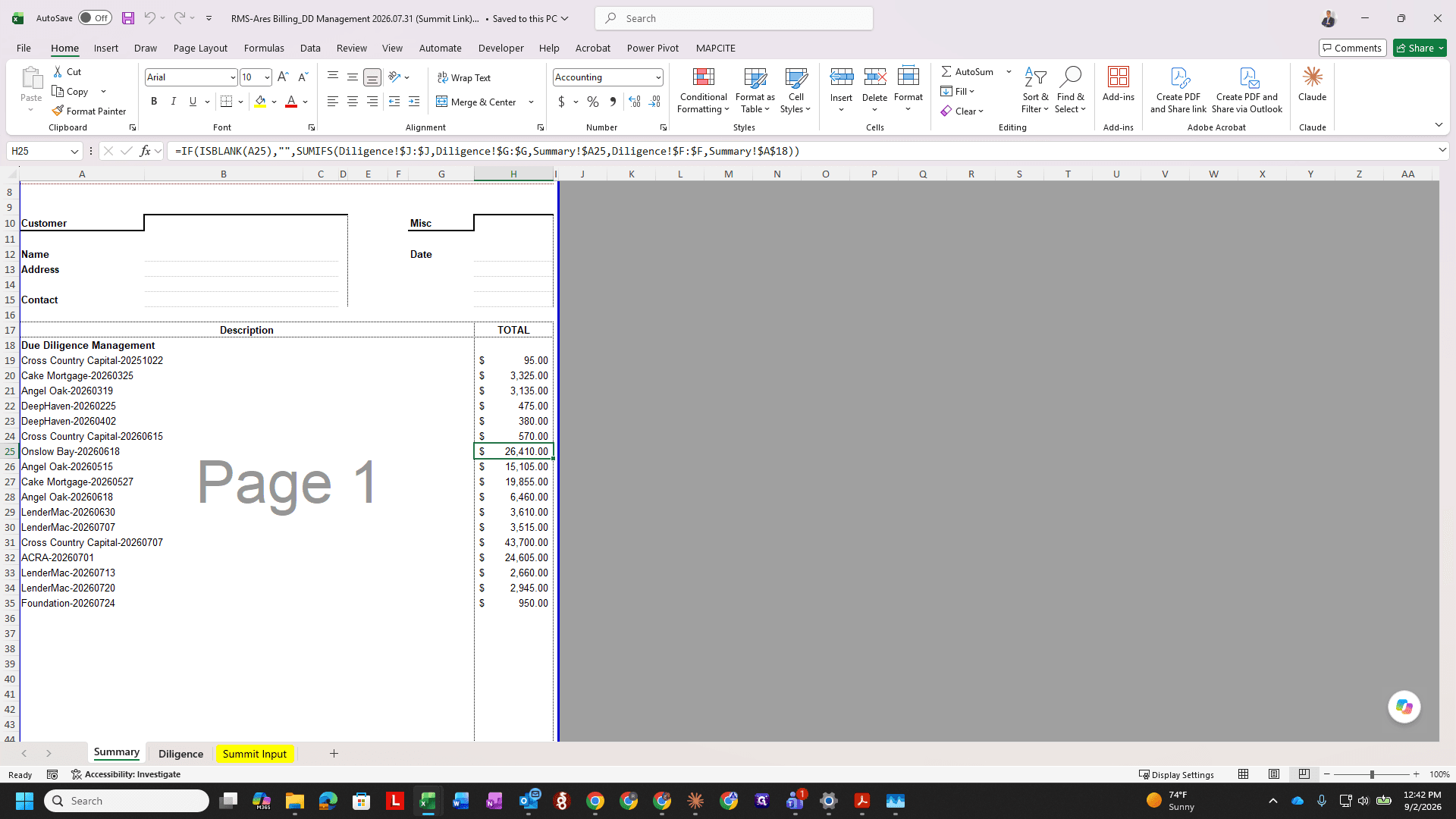 Step #2: Click on the Diligence worksheet tab to review aggregated data formulas.