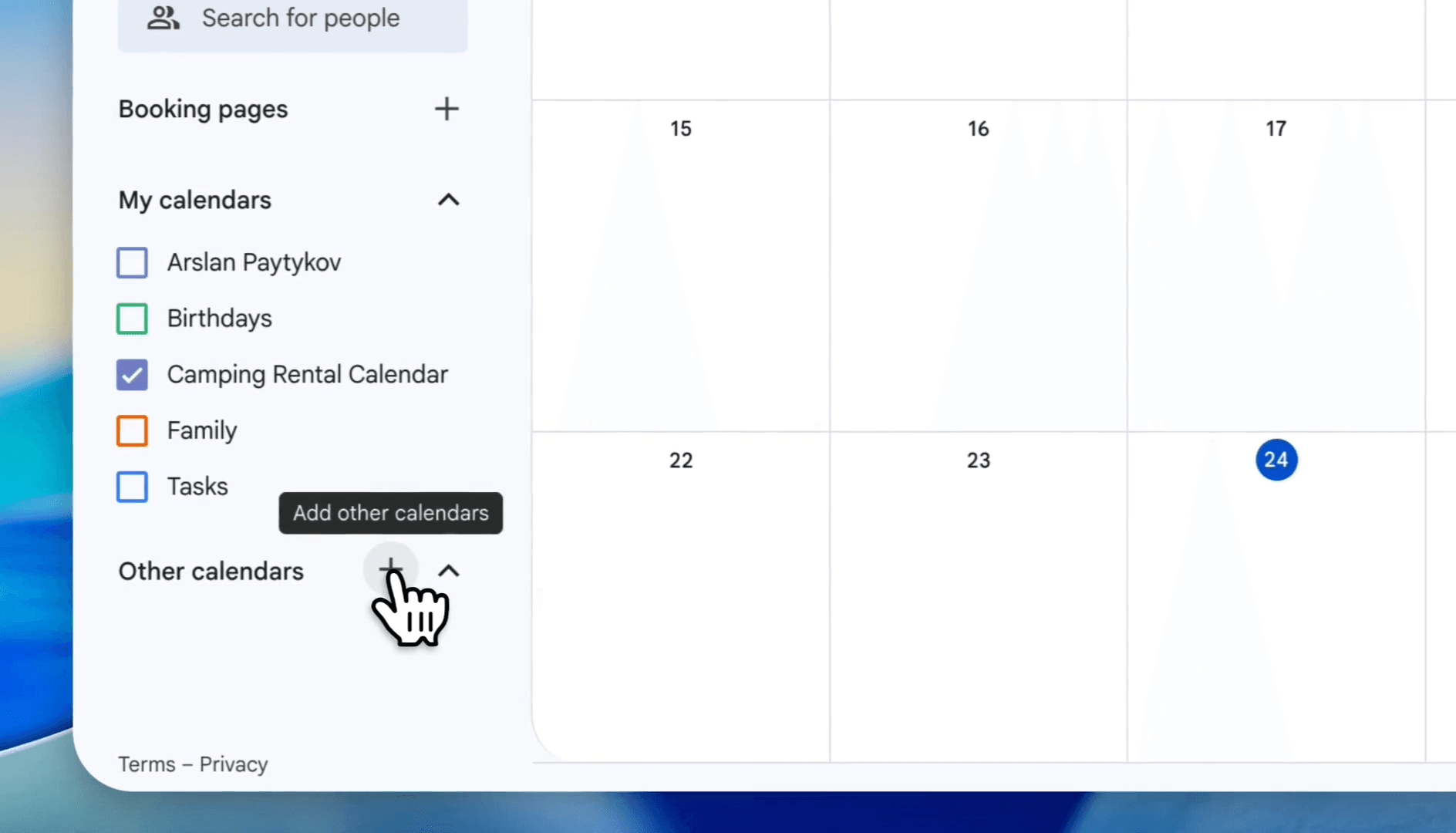 Step #5: Click on the plus icon next to Other calendars.