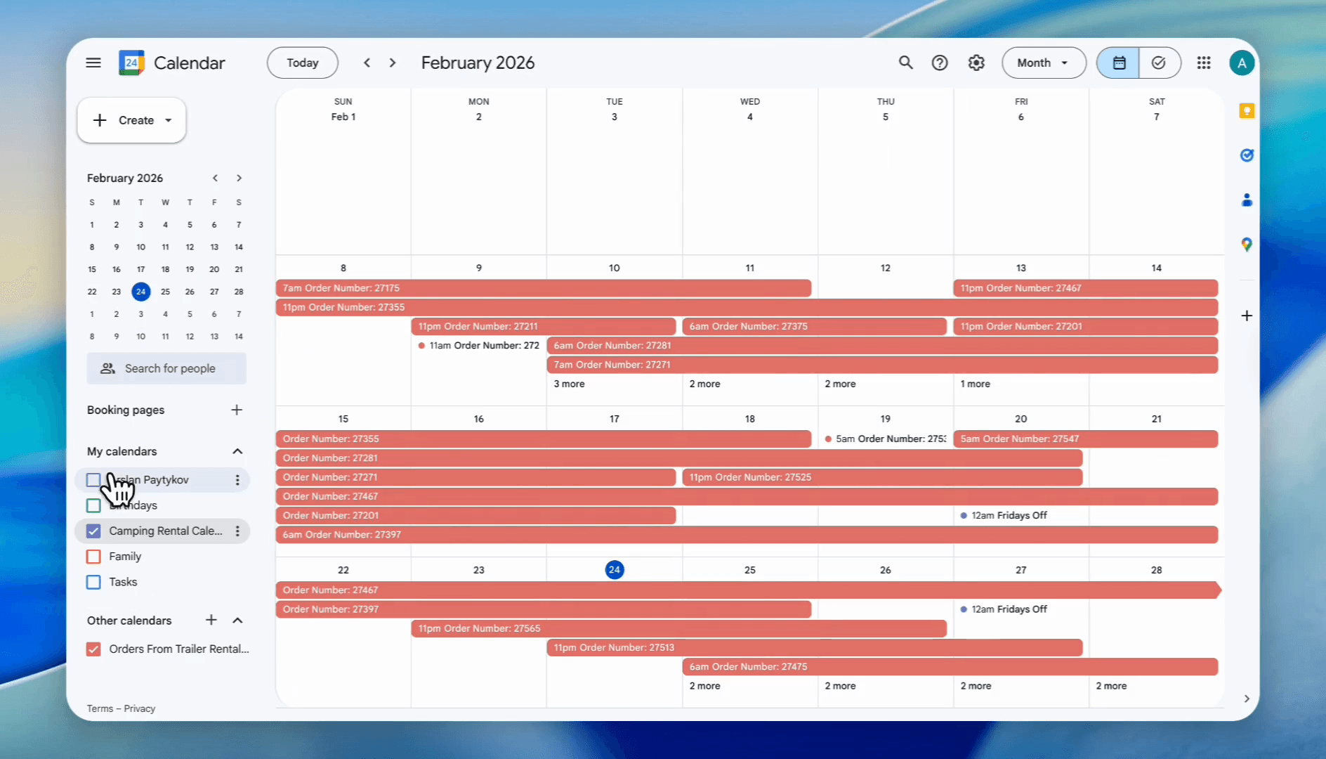 Step #9: Under 'My calendars', uncheck the boxes for other calendars to isolate the rental calendar view.