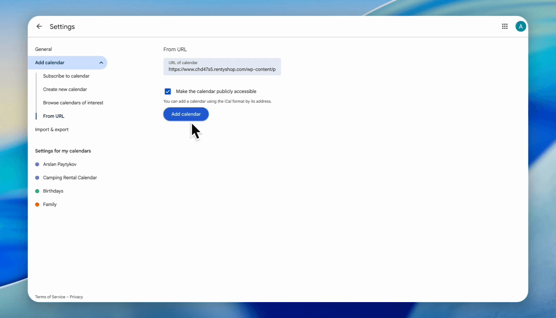 Step #8: Click the 'Add calendar' button.