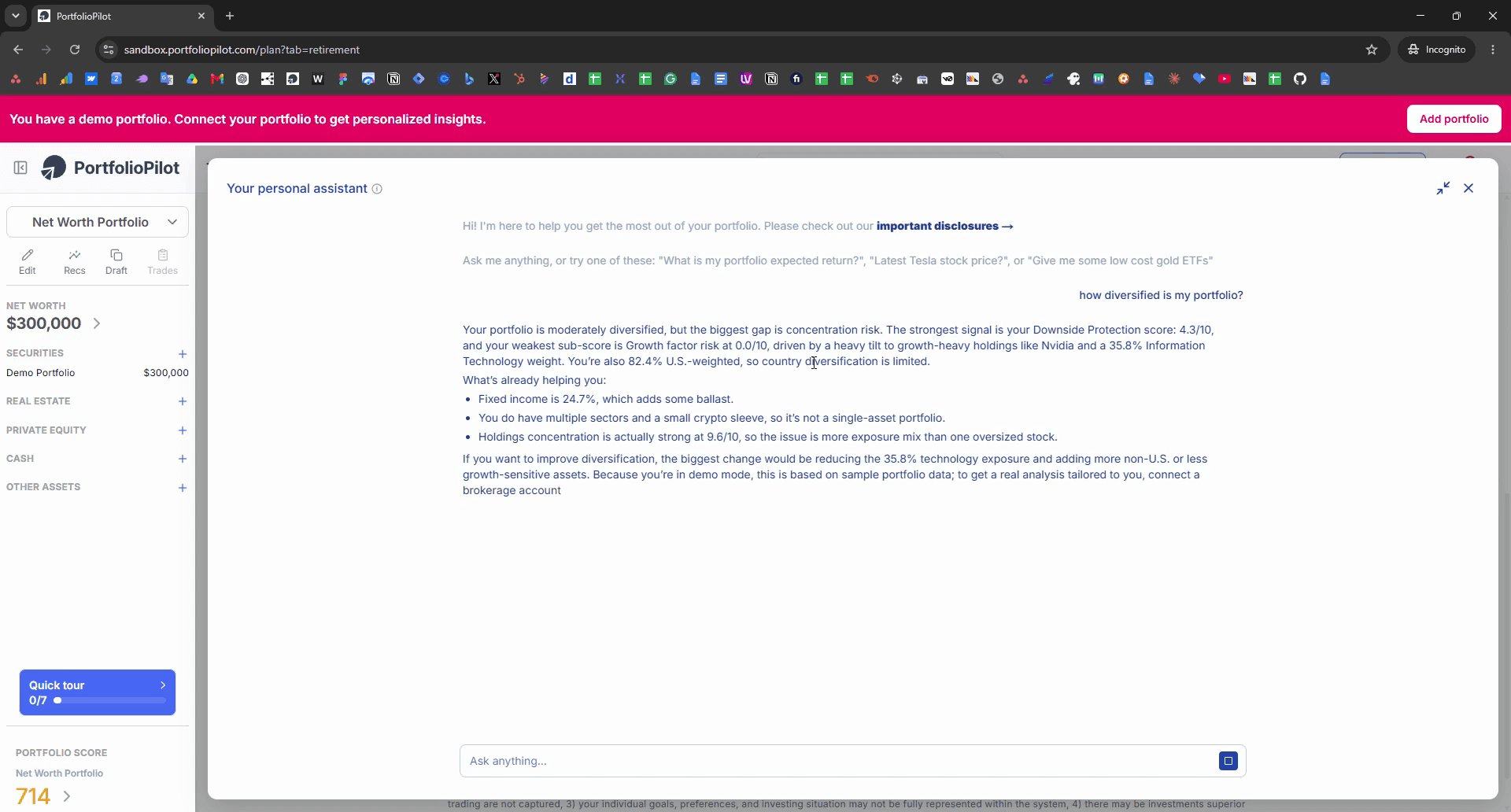 Step #14: Click the Add portfolio button in the top right corner to connect or create a new investment account.