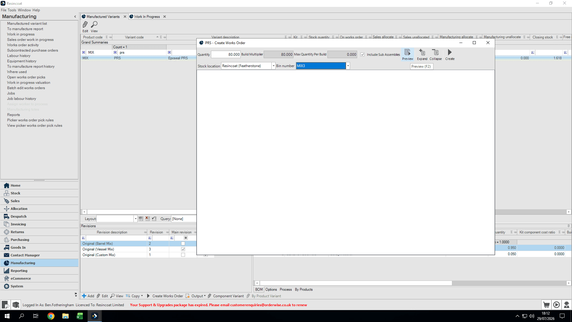 Step #7: Click Preview to review the required raw materials versus available stock.
