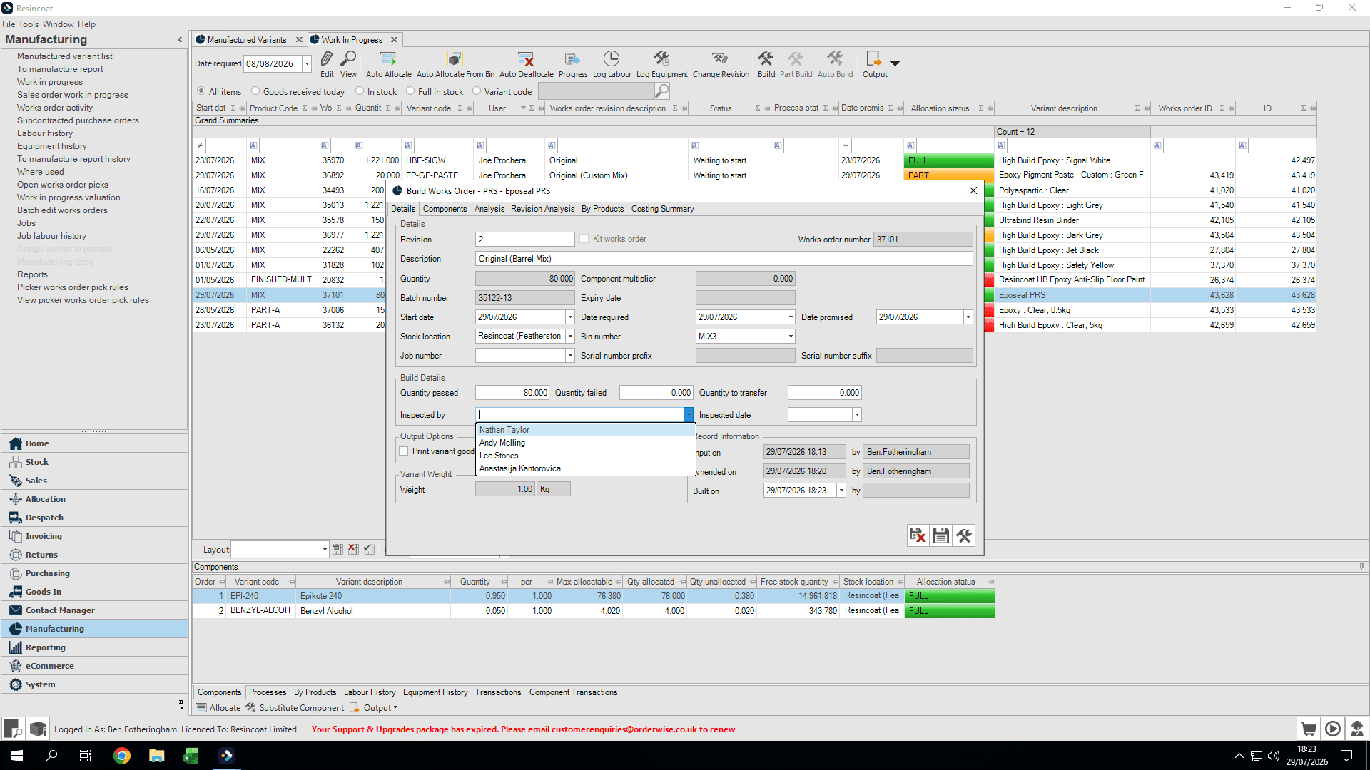 Step #41: Select the inspector's name from the Inspected by drop-down menu.