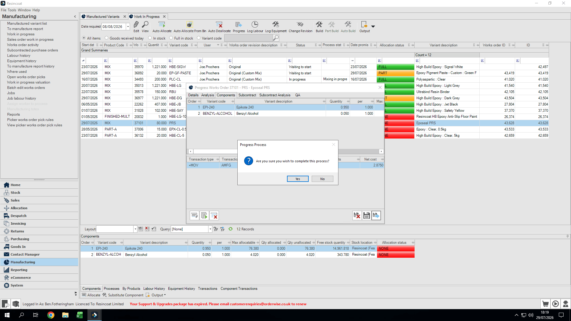 Step #27: Click Yes to progress the works order once all components are accurately allocated.