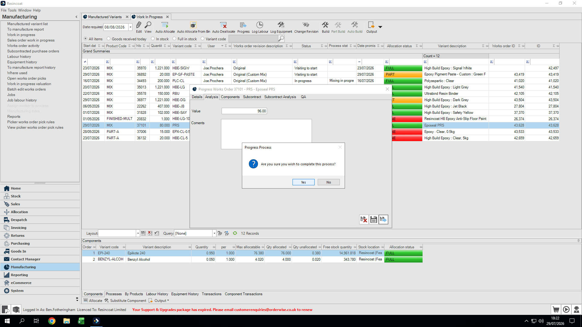 Step #37: Enter the final weight into Value. Click Save and Progress. Click Yes to confirm the finish weight.