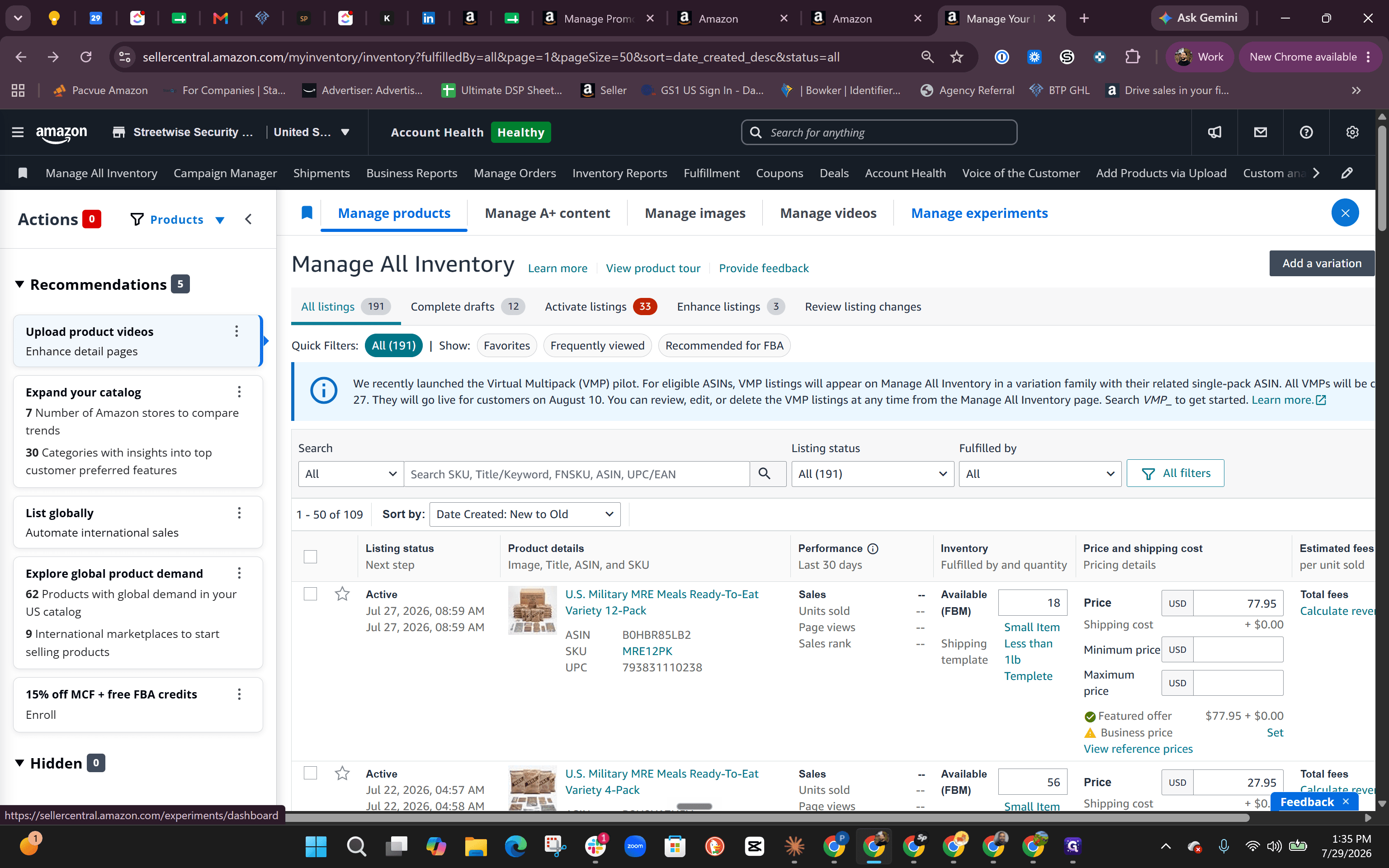 Step #40: Click on Manage experiments to see if A/B testing is actively being used for product titles, images, or A+ Content.