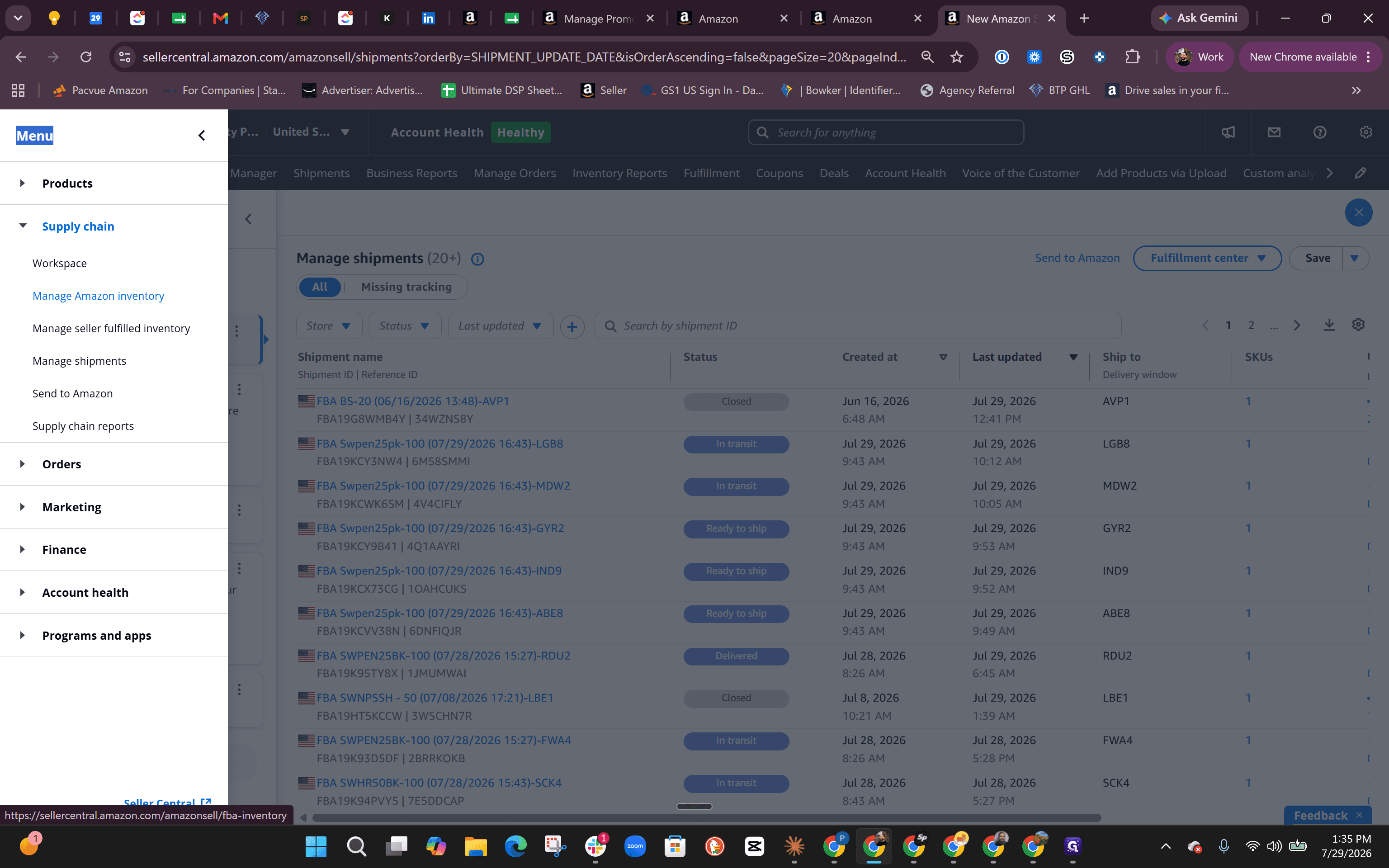 Step #44: Click on Manage Amazon inventory to review FBA inventory levels and identify excess stock.